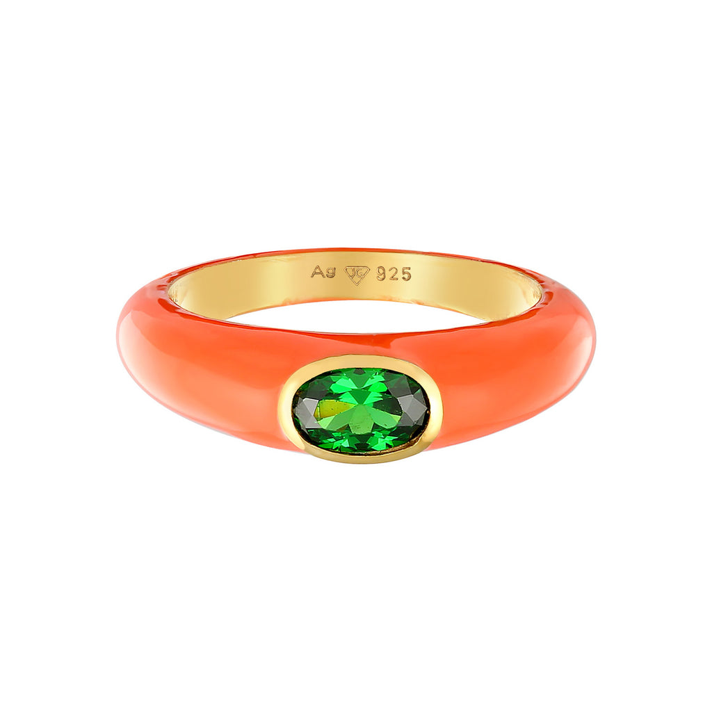 Orange - Elli | Solitär-Ring Oval | Emaille, Zirkonia (Grün) | 925er Sterling Silber Vergoldet