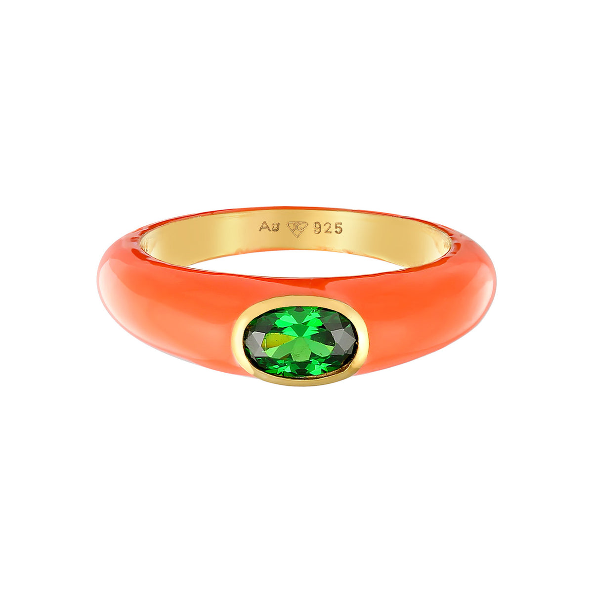 Orange - Elli | Solitär-Ring Oval | Emaille, Zirkonia (Grün) | 925er Sterling Silber Vergoldet