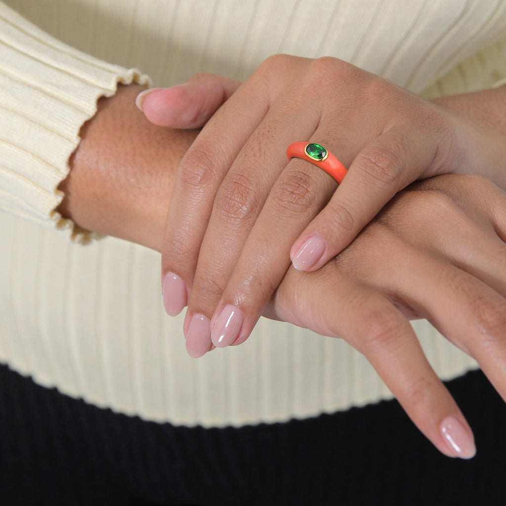Orange - Elli | Solitär-Ring Oval | Emaille, Zirkonia (Grün) | 925er Sterling Silber Vergoldet