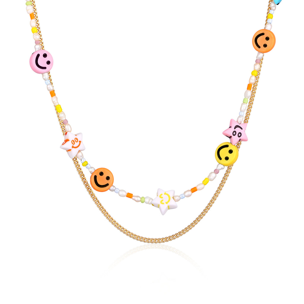 Gold - Elli | Layer-Halskette mit Smiling Face Beads | Süßwasserperlen | 925er Sterling Silber Vergoldet