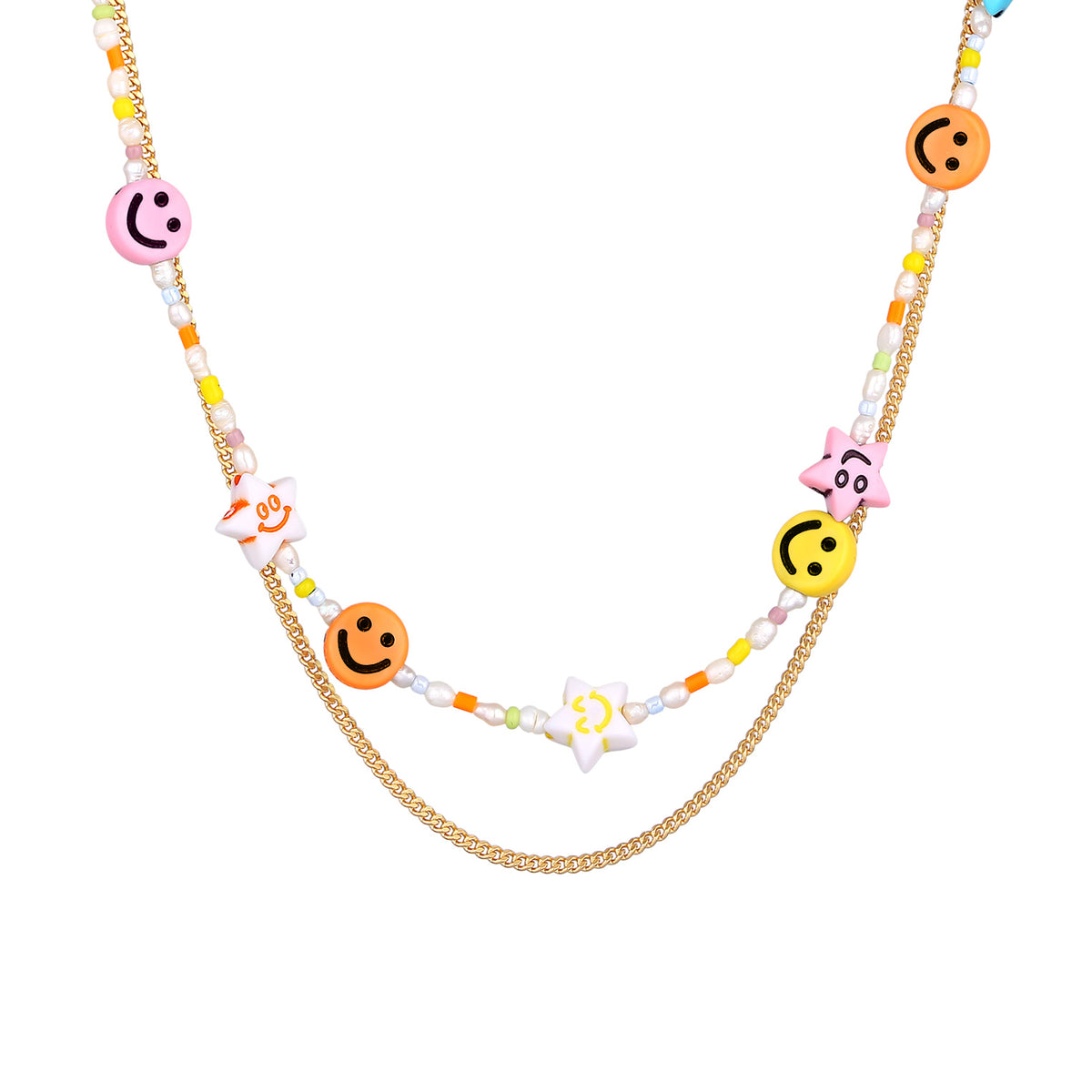 Gold - Elli | Layer-Halskette mit Smiling Face Beads | Süßwasserperlen | 925er Sterling Silber Vergoldet