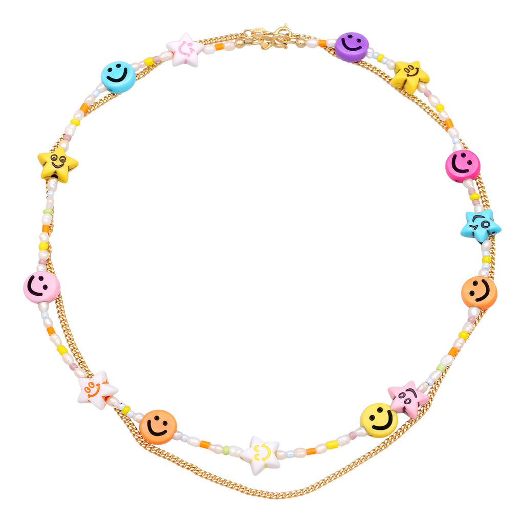 Gold - Elli | Layer-Halskette mit Smiling Face Beads | Süßwasserperlen | 925er Sterling Silber Vergoldet