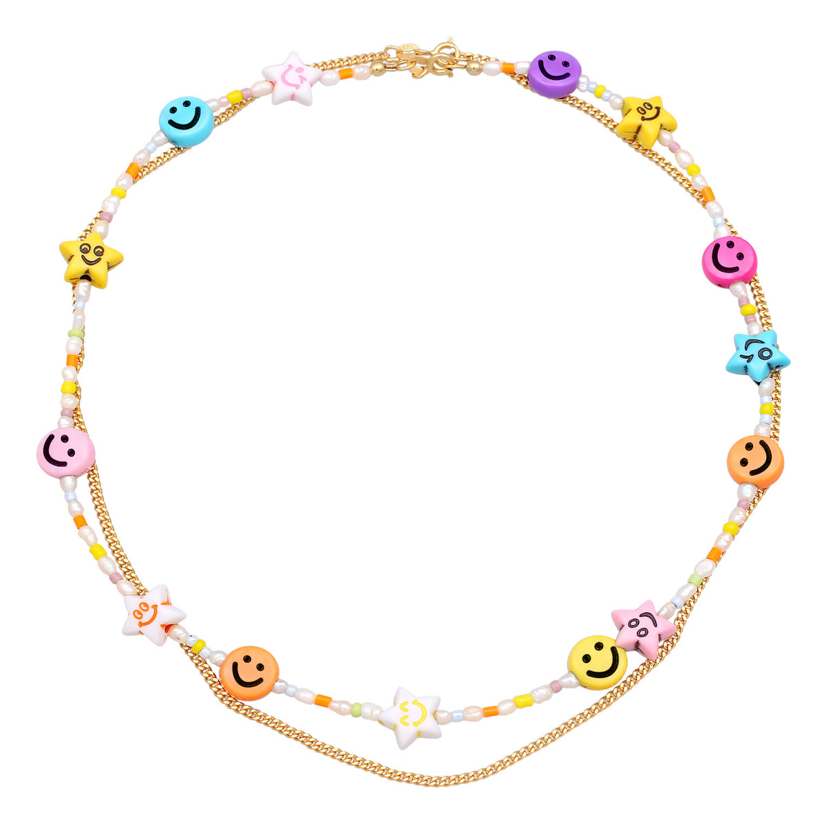 Gold - Elli | Layer-Halskette mit Smiling Face Beads | Süßwasserperlen | 925er Sterling Silber Vergoldet