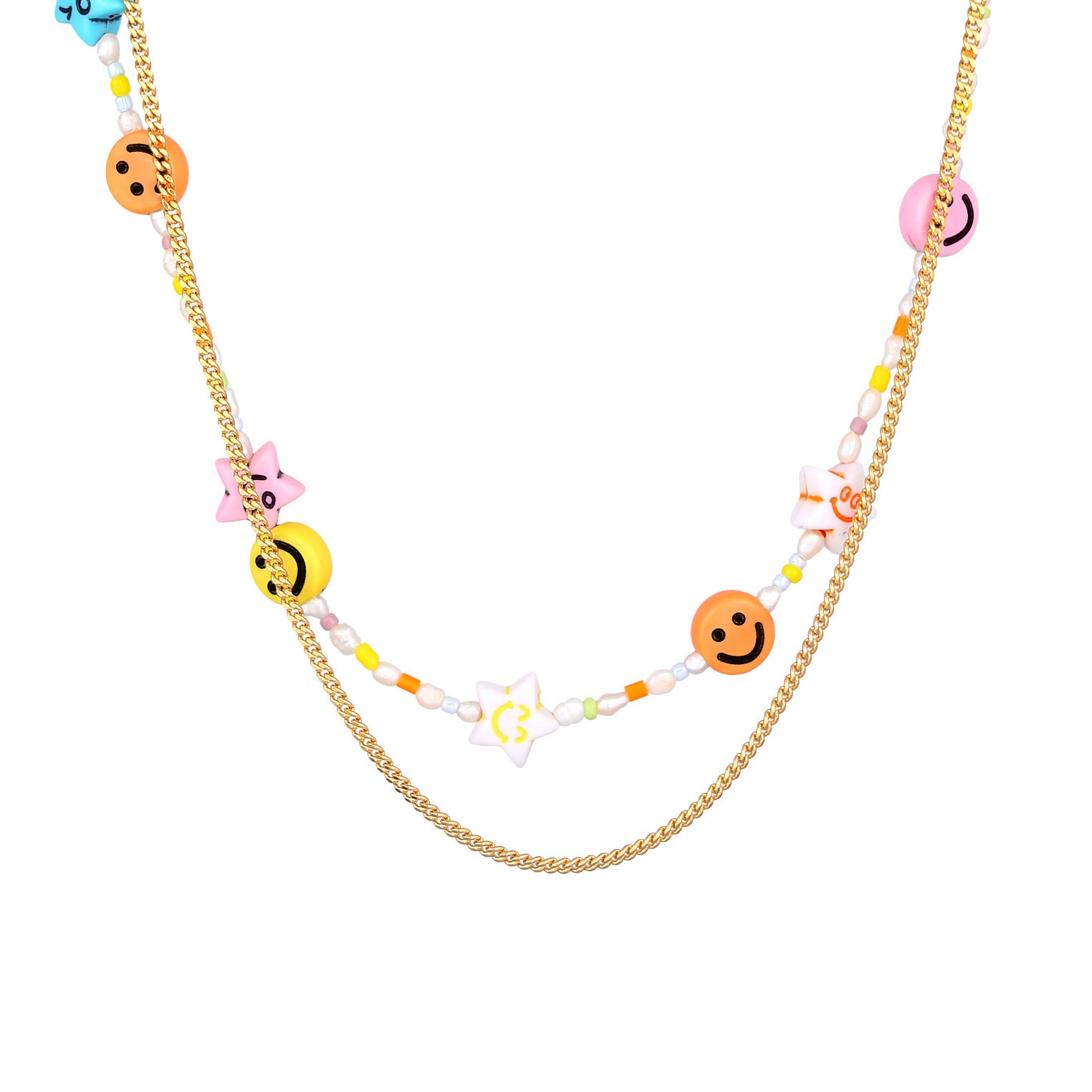Gold - Elli | Layer-Halskette mit Smiling Face Beads | Süßwasserperlen | 925er Sterling Silber Vergoldet
