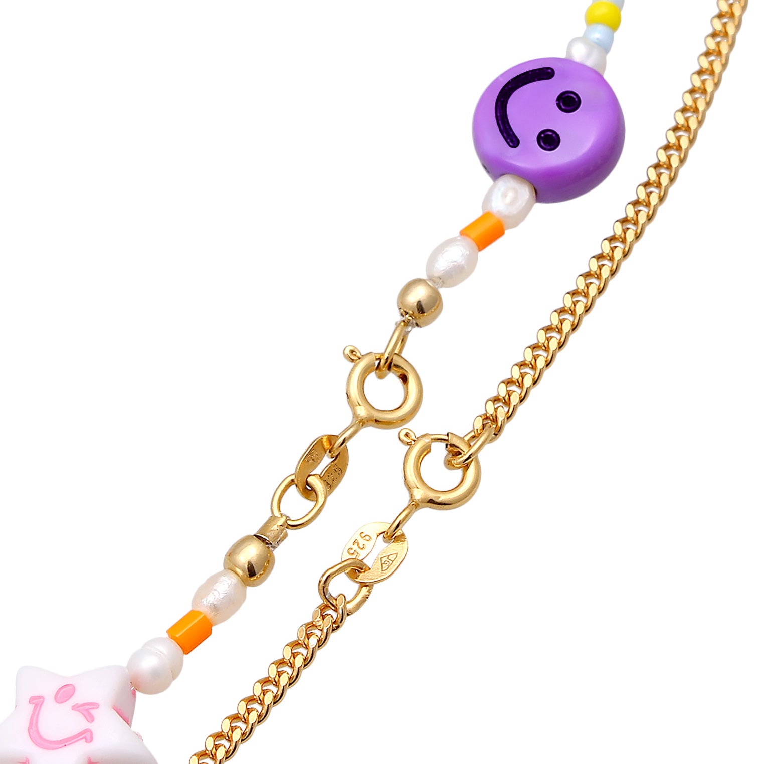 Gold - Elli | Layer-Halskette mit Smiling Face Beads | Süßwasserperlen | 925er Sterling Silber Vergoldet