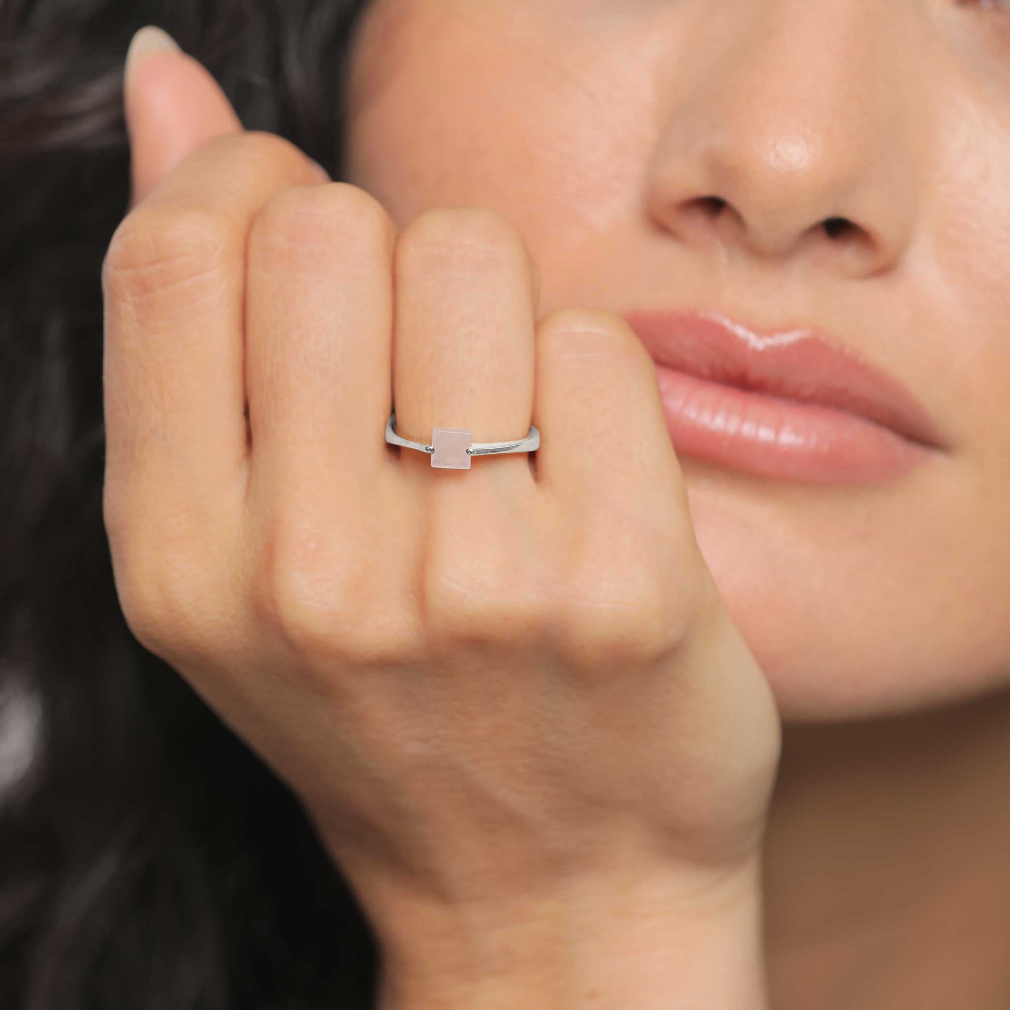 Silber - Elli PREMIUM | Solitär-Ring Viereck | Quarz (Rosa) | 925er Sterling Silber