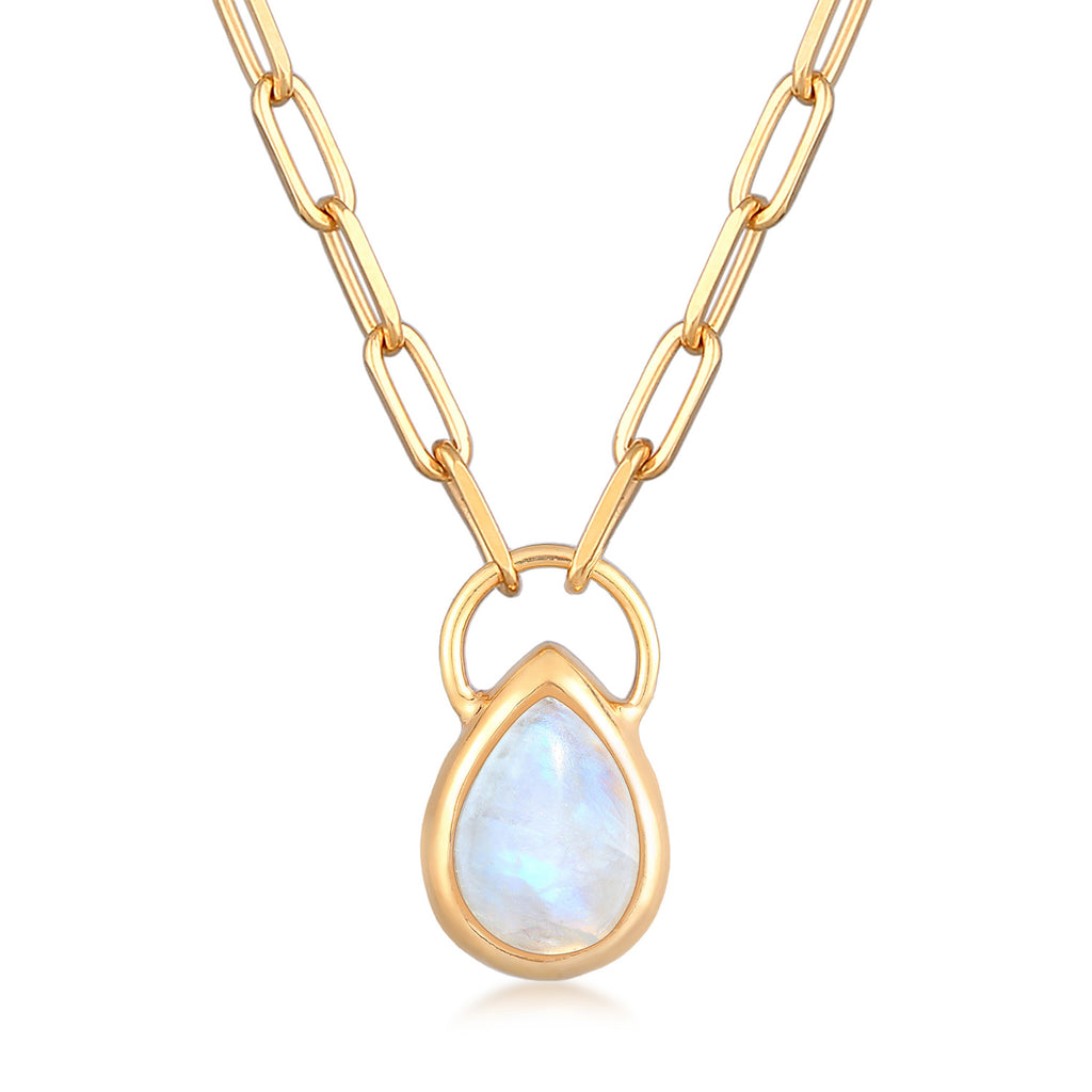 Gold - Elli PREMIUM | Halskette Tropfen | Mondstein (Weiß) | 925er Sterling Silber