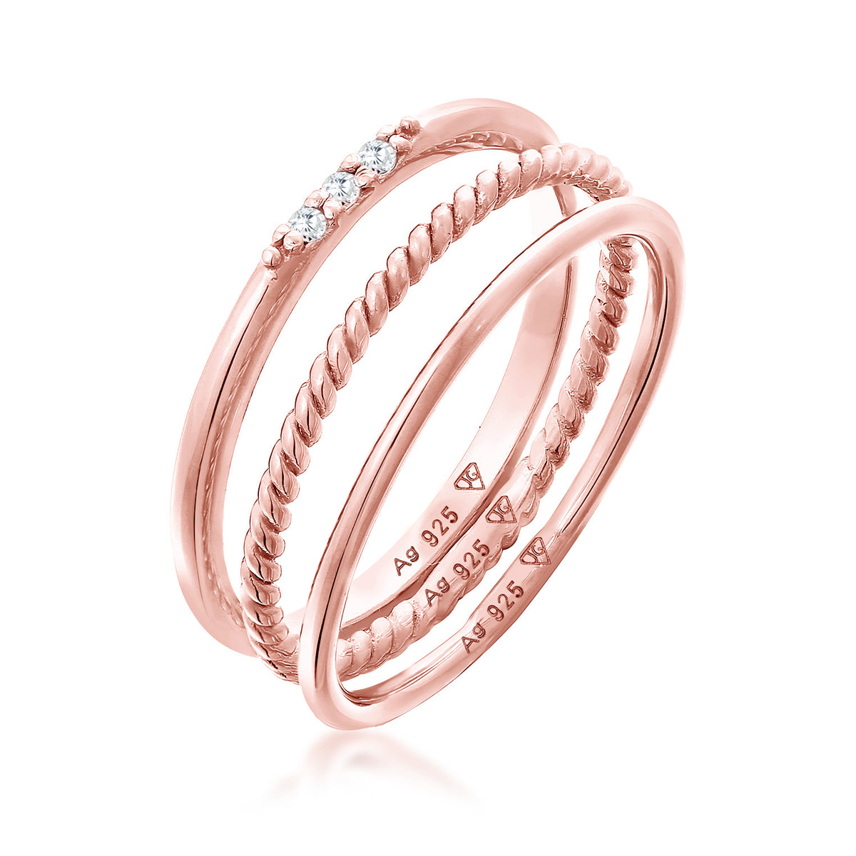 Roségold - Elli | Stapelring Set | Zirkonia (Weiß) | 925er Sterling Silber Rosévergoldet