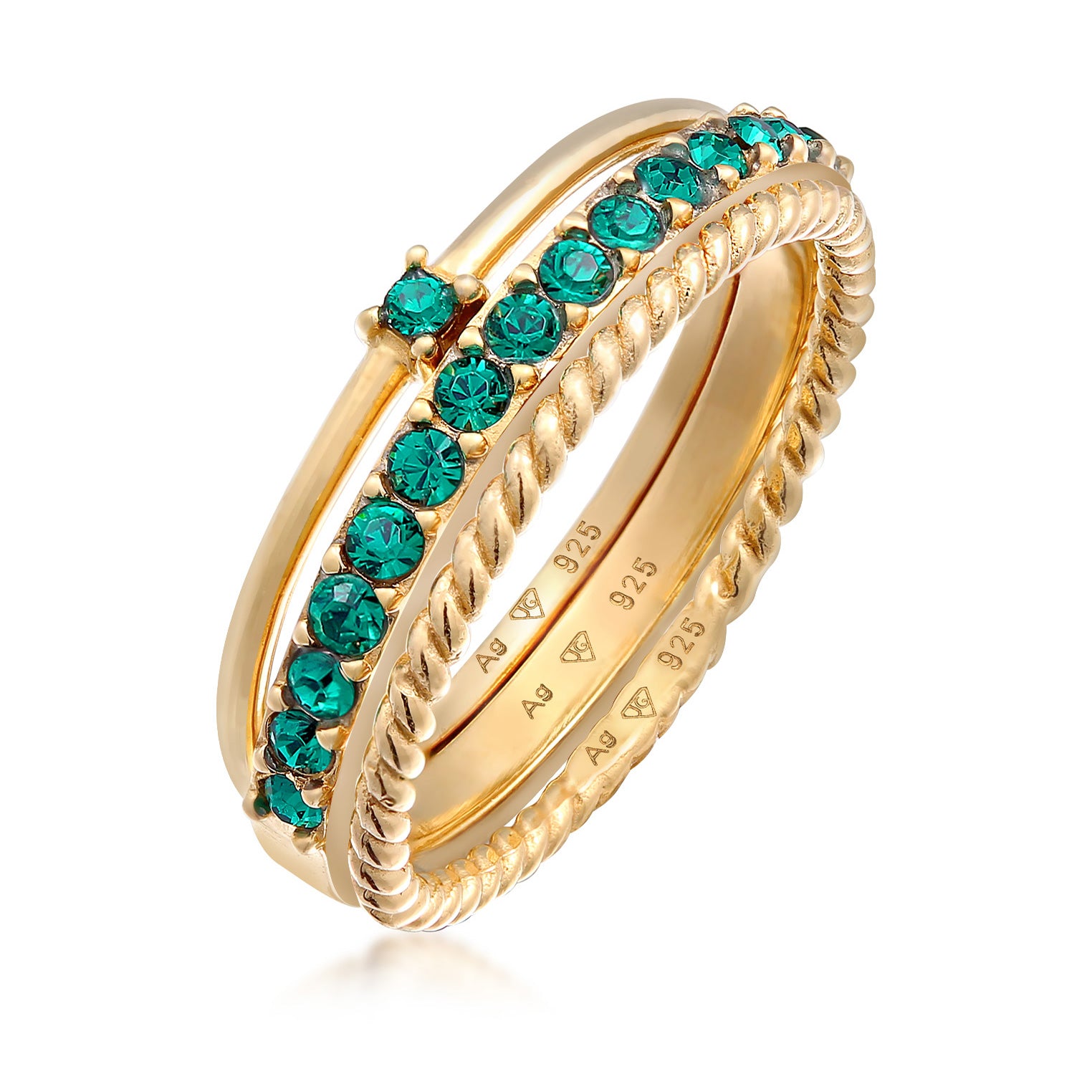 Gold - Elli | Ringset | Mit Kristallen von Swarovski® (Grün) | 925er Sterling Silber Vergoldet