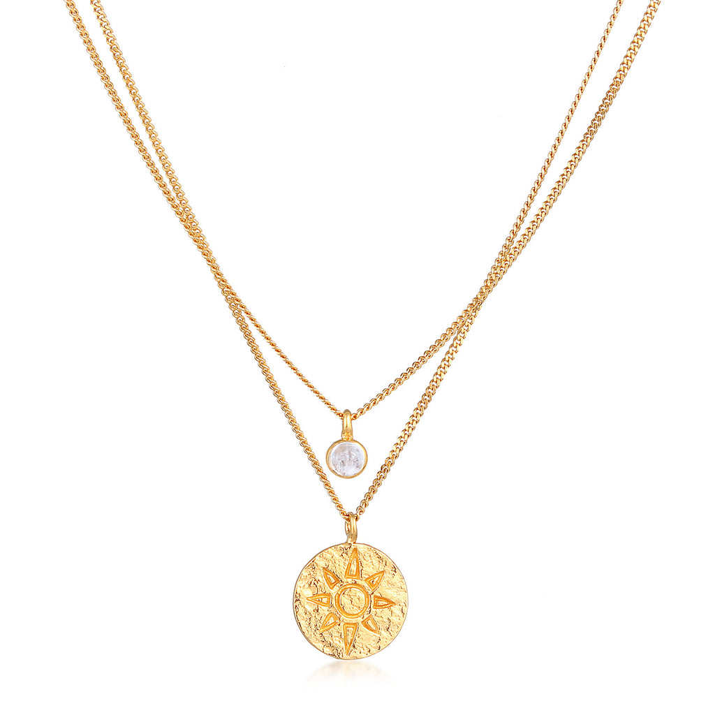 Gold - Elli | Layer-Halskette Plättchen | Mondstein | 925er Sterling Silber Vergoldet