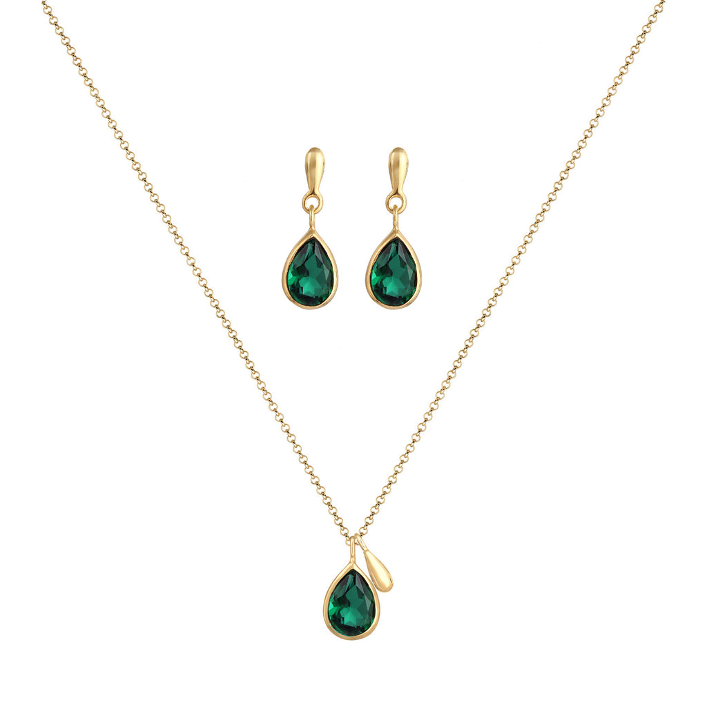 Gold - Elli PREMIUM | Schmuckset Tropfen | Quarz (Grün) | 925er Sterling Silber