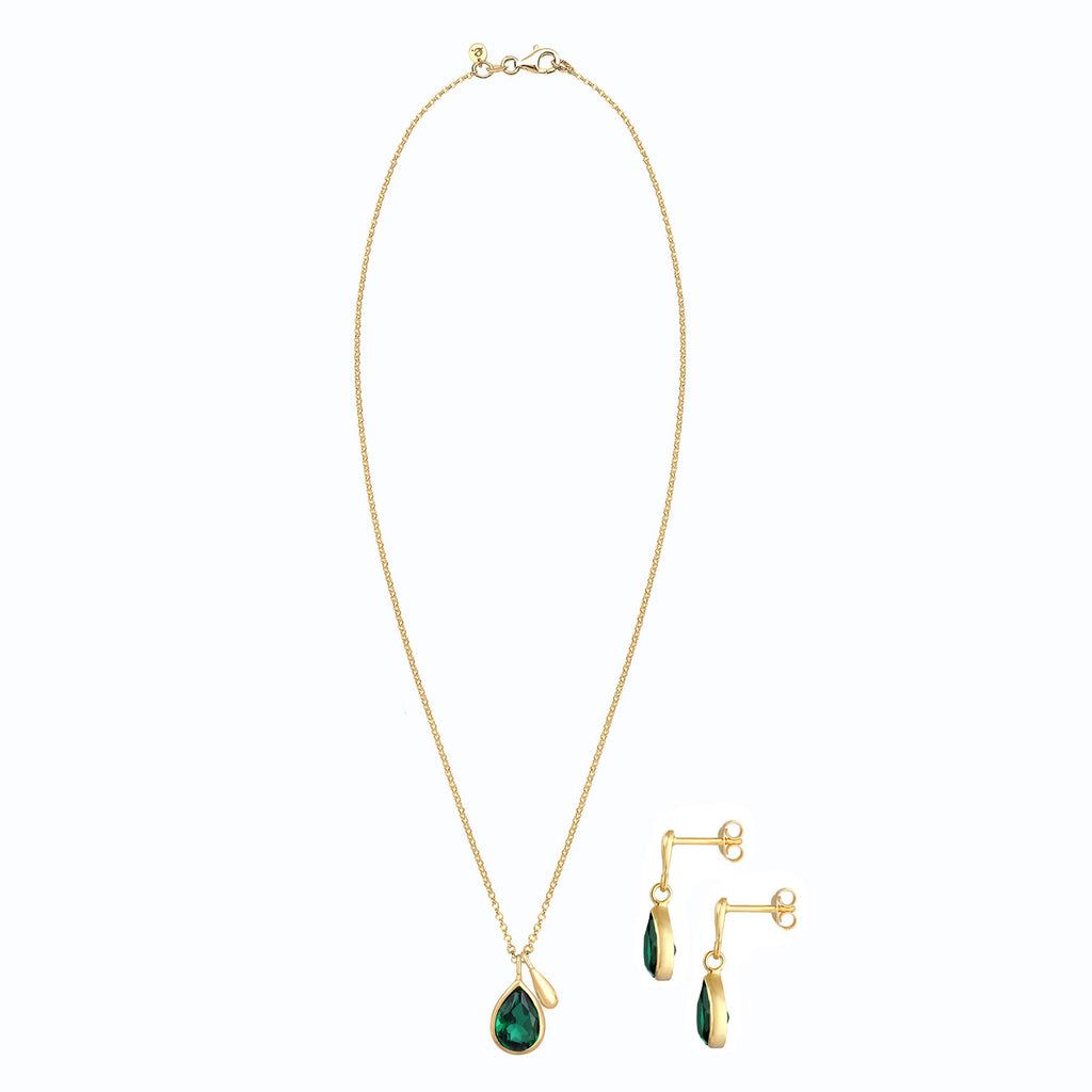 Gold - Elli PREMIUM | Schmuckset Tropfen | Quarz (Grün) | 925er Sterling Silber