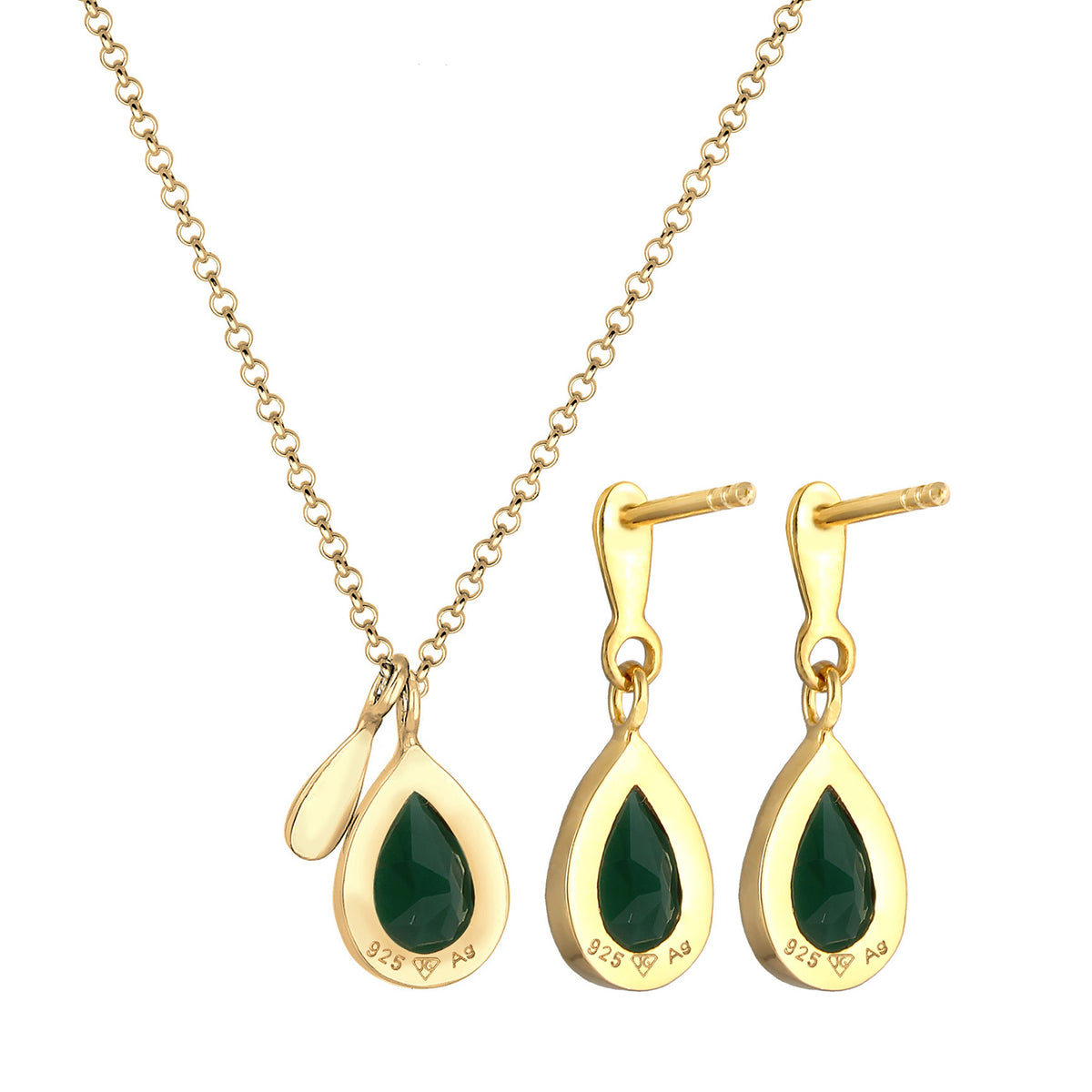 Gold - Elli PREMIUM | Schmuckset Tropfen | Quarz (Grün) | 925er Sterling Silber