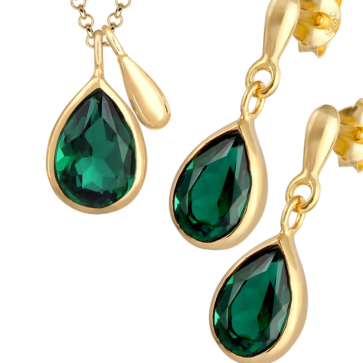 Gold - Elli PREMIUM | Schmuckset Tropfen | Quarz (Grün) | 925er Sterling Silber