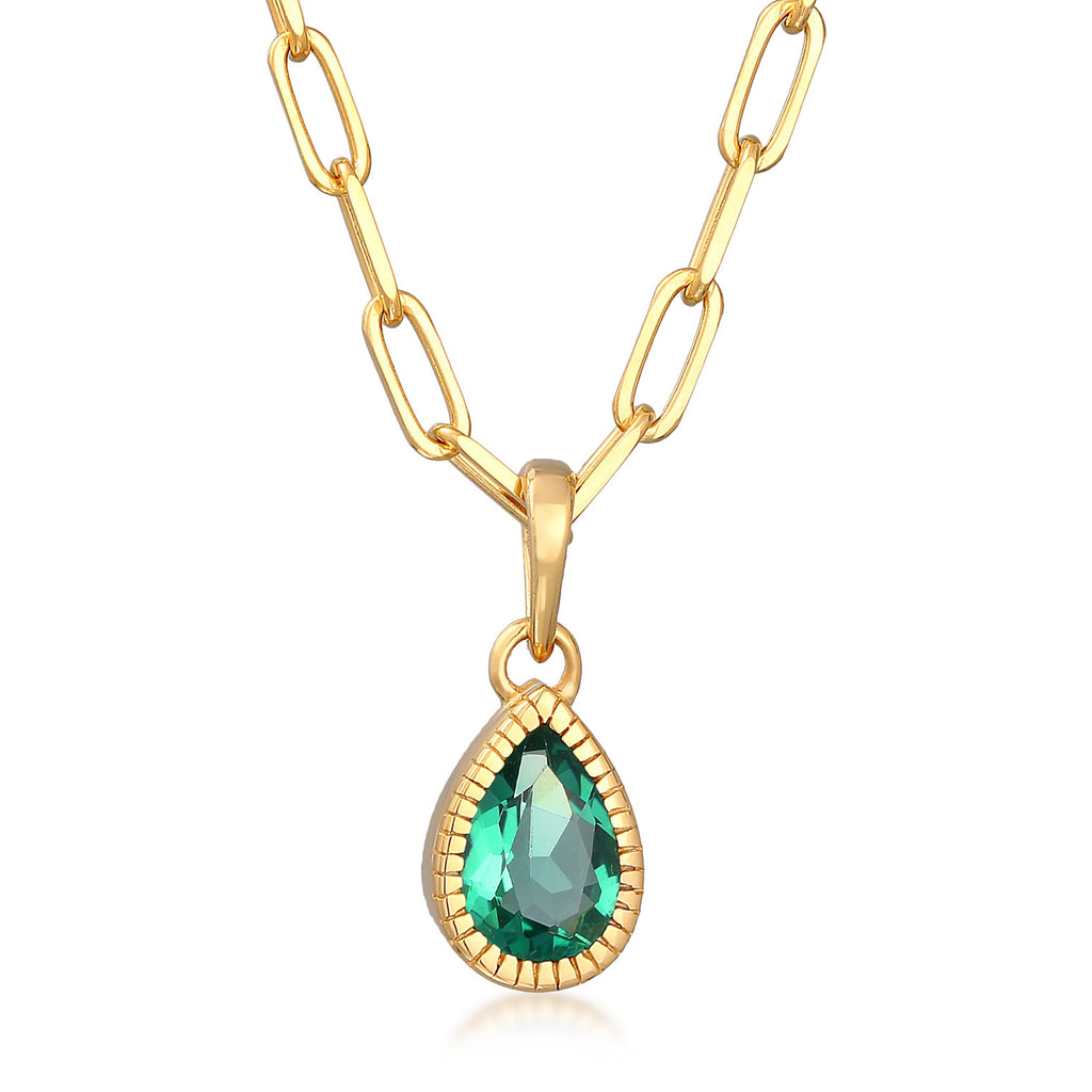Gold - Elli PREMIUM | Glieder-Halskette Tropfen | Quarz (Grün) | 925er Sterling Silber vergoldet