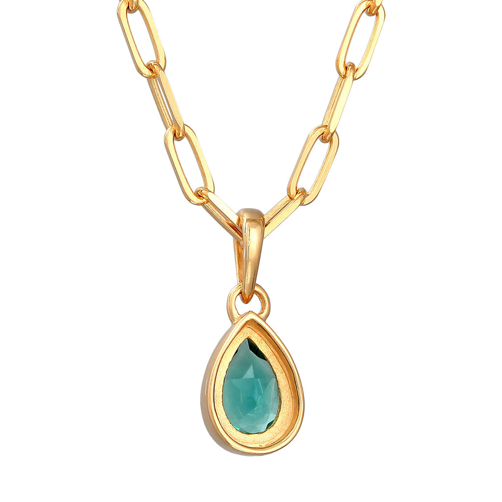 Gold - Elli PREMIUM | Glieder-Halskette Tropfen | Quarz (Grün) | 925er Sterling Silber vergoldet