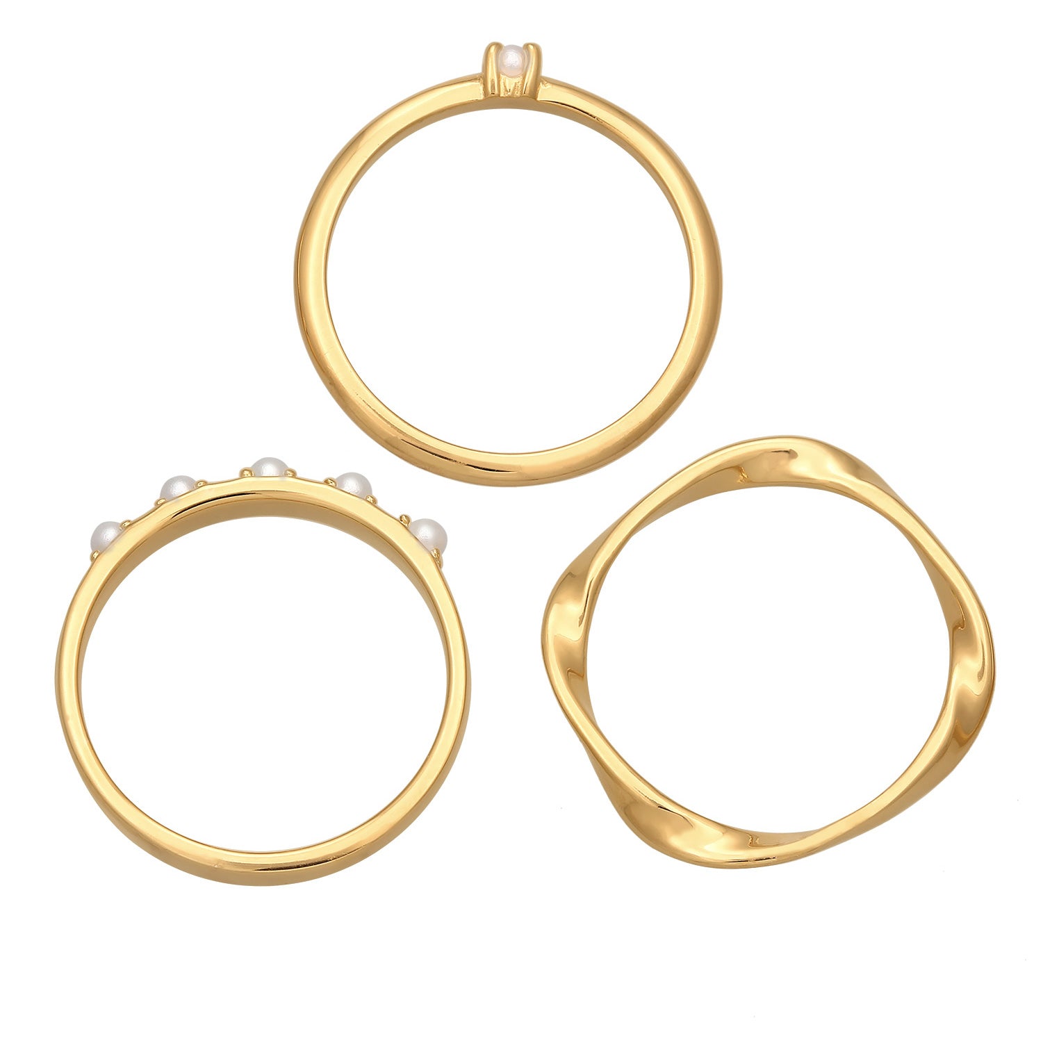 Gold - Elli | Stapelring 3er Set Perlen | 925er Sterling Silber