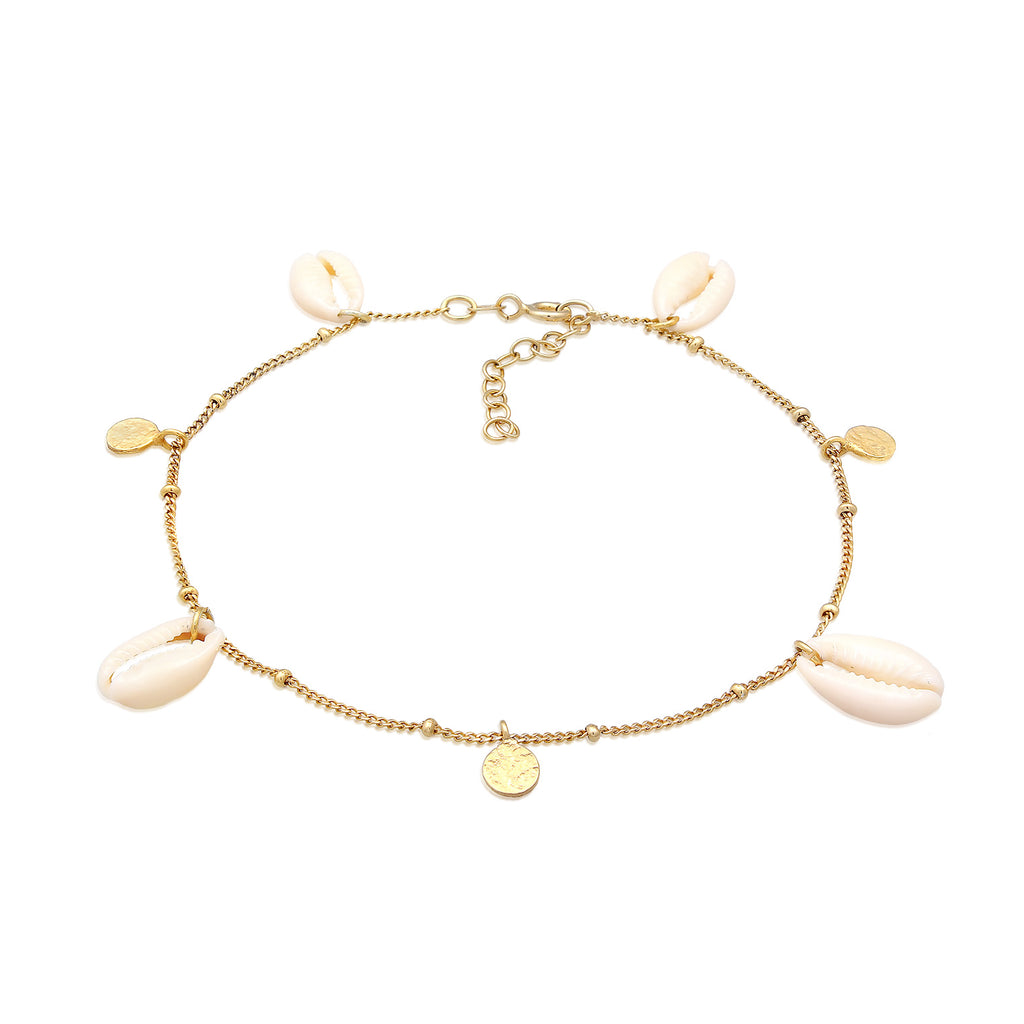 Gold - Elli | Fußkettchen Plättchen | Kauri Muschel | 925er Sterling Silber Vergoldet