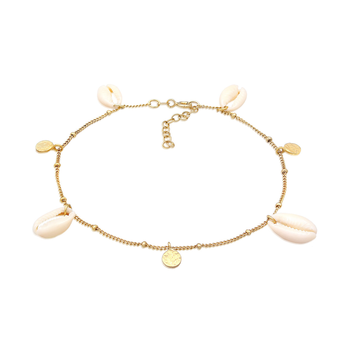 Gold - Elli | Fußkettchen Plättchen | Kauri Muschel | 925er Sterling Silber Vergoldet