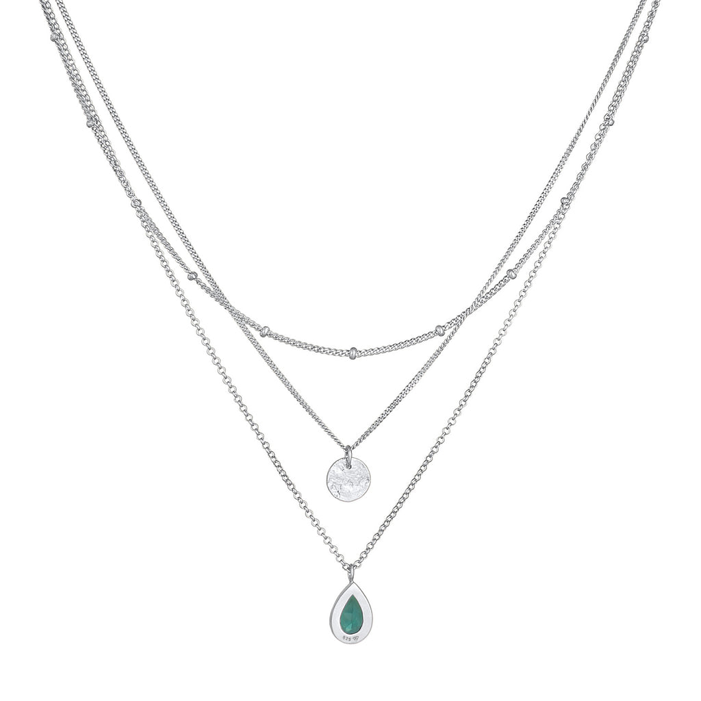 Silber - Elli PREMIUM | Layer-Halskette Plättchen | Quarz (Grün) | 925er Sterling Silber