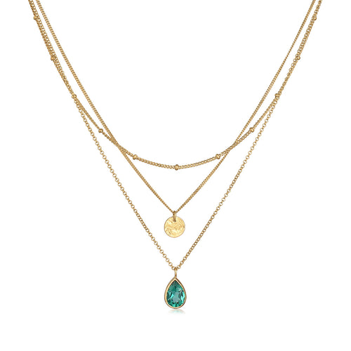 Gold - Elli PREMIUM | Layer-Halskette Plättchen | Quarz (Grün) | 925er Sterling Silber