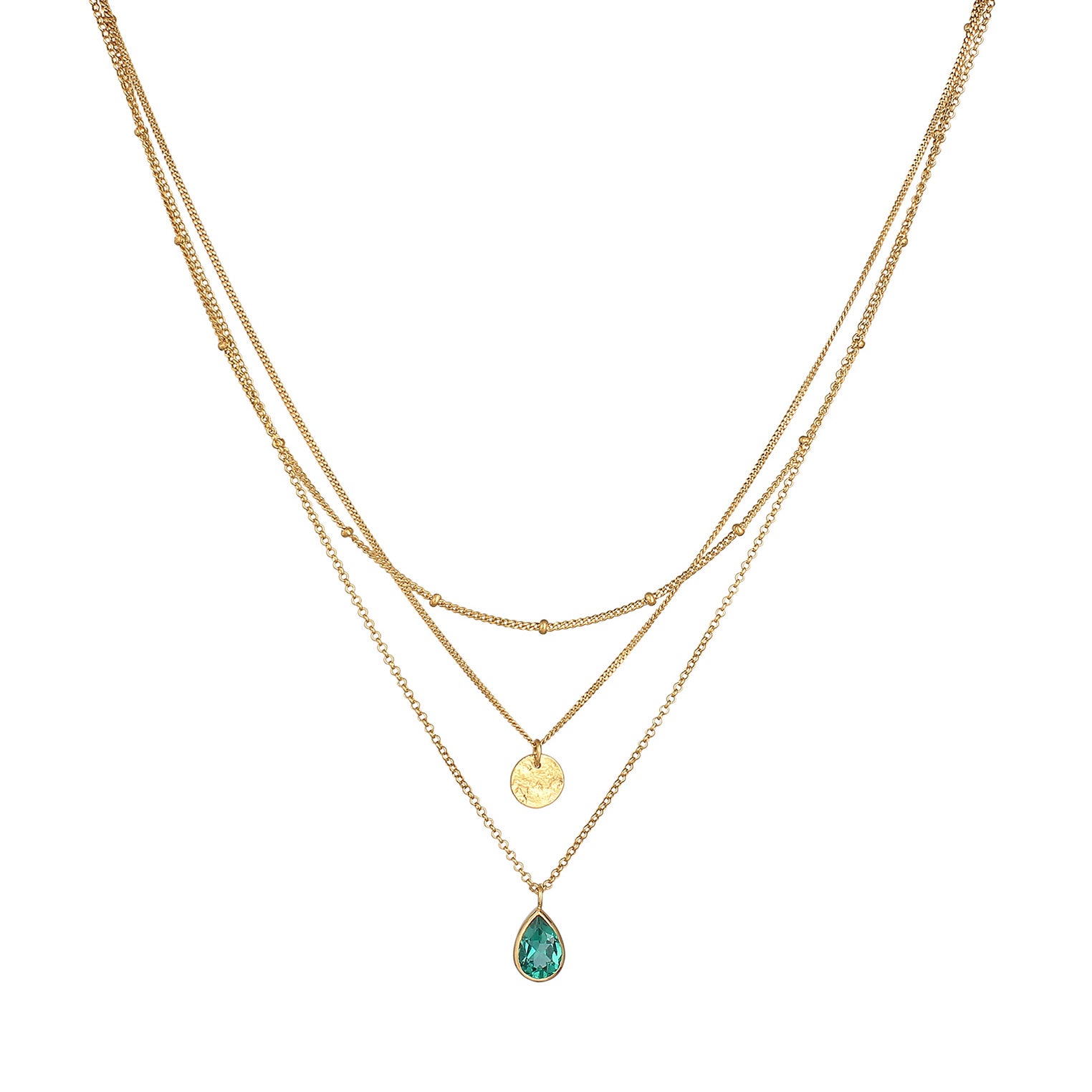 Gold - Elli PREMIUM | Layer-Halskette Plättchen | Quarz (Grün) | 925er Sterling Silber