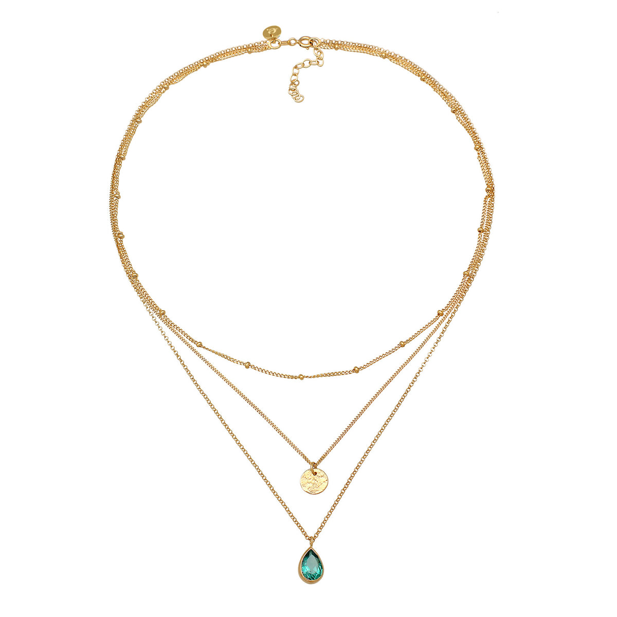 Gold - Elli PREMIUM | Layer-Halskette Plättchen | Quarz (Grün) | 925er Sterling Silber