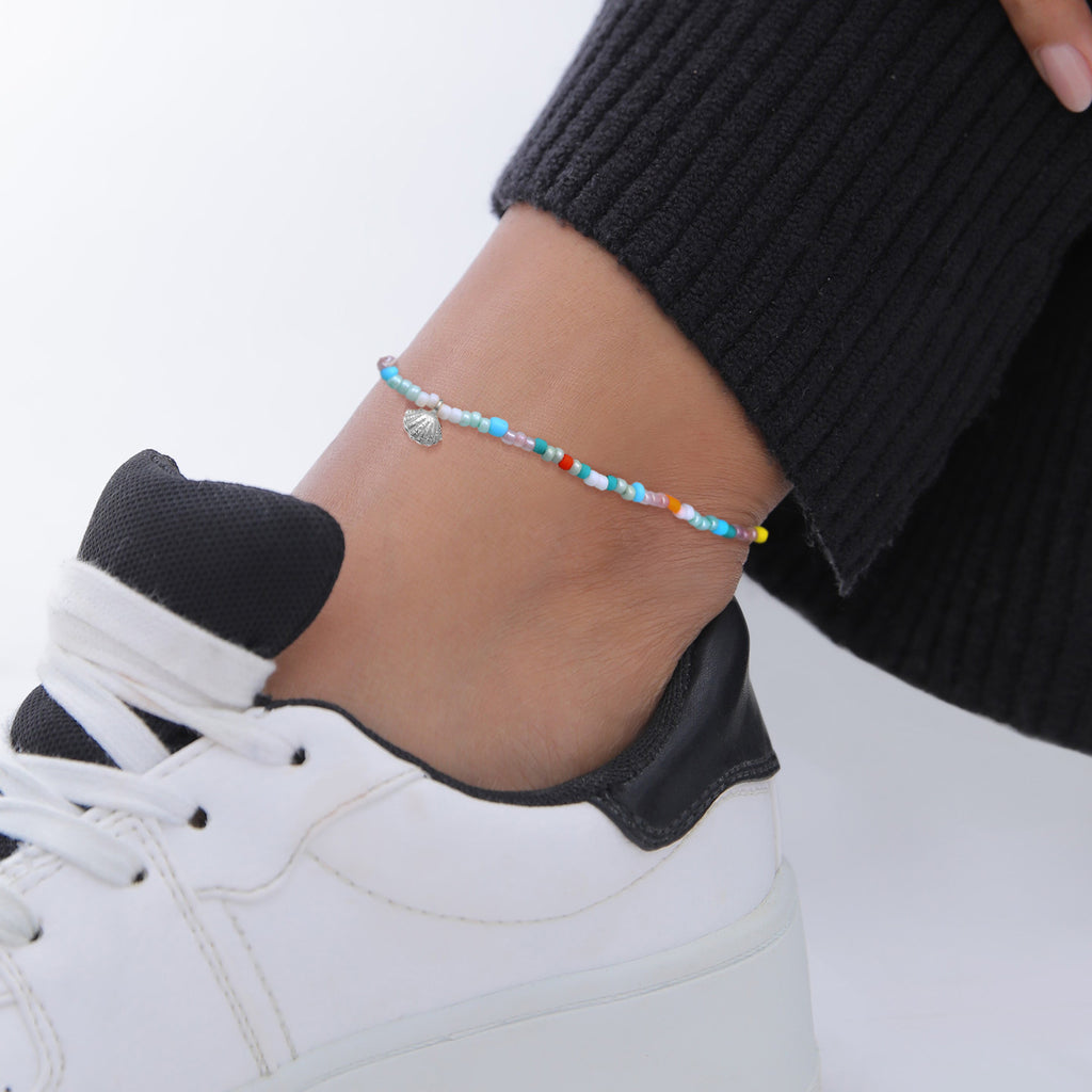 Silber - Elli | Fußkettchen Muschel Beads | 925er Sterling Silber