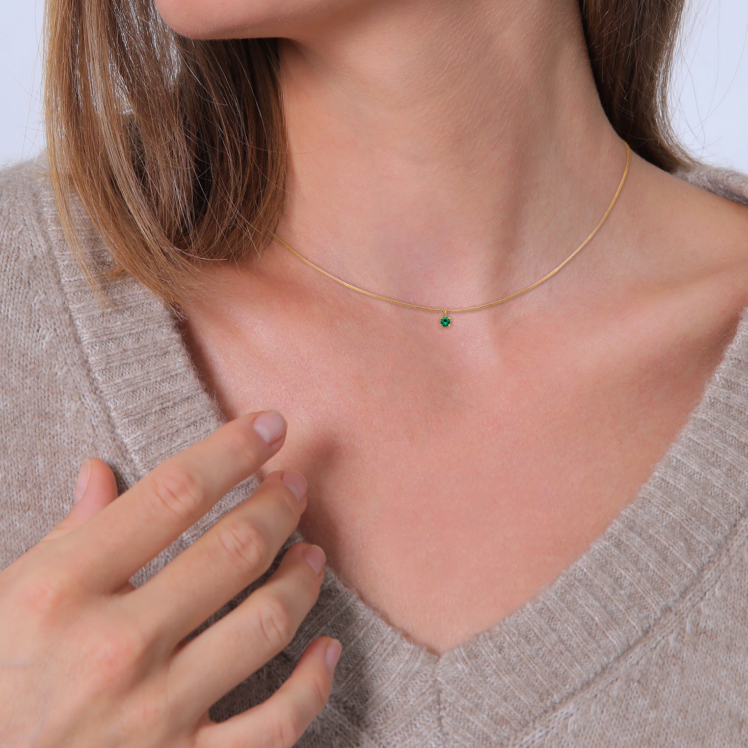 Gold - Elli | Choker Solitär | synth. Smaragd (Grün) | 925er Sterling Silber Vergoldet