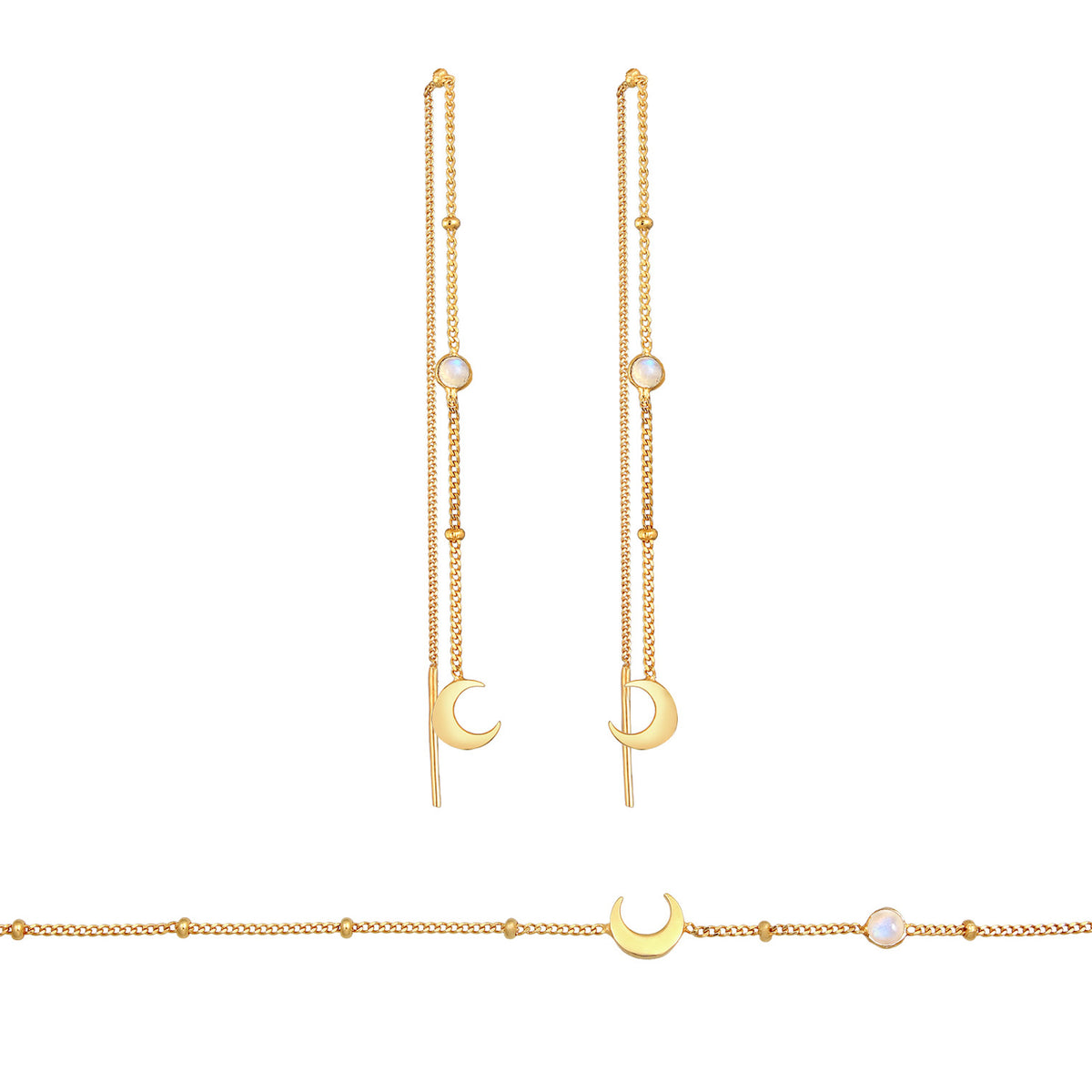 Gold - Elli | Schmuckset Halbmond | Mondstein (Weiß) | 925er Sterling Silber