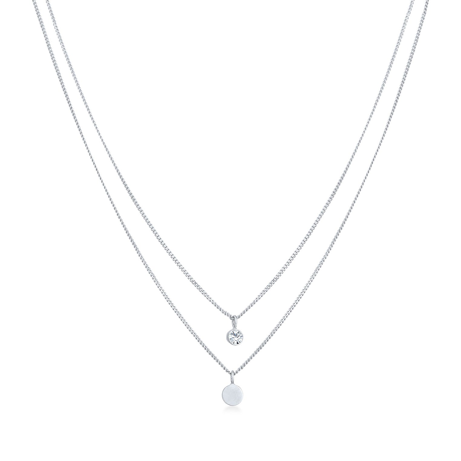 Silber - Elli | Layer-Halskette Plättchen | Glaskristall (Weiß) | 925er Sterling Silber