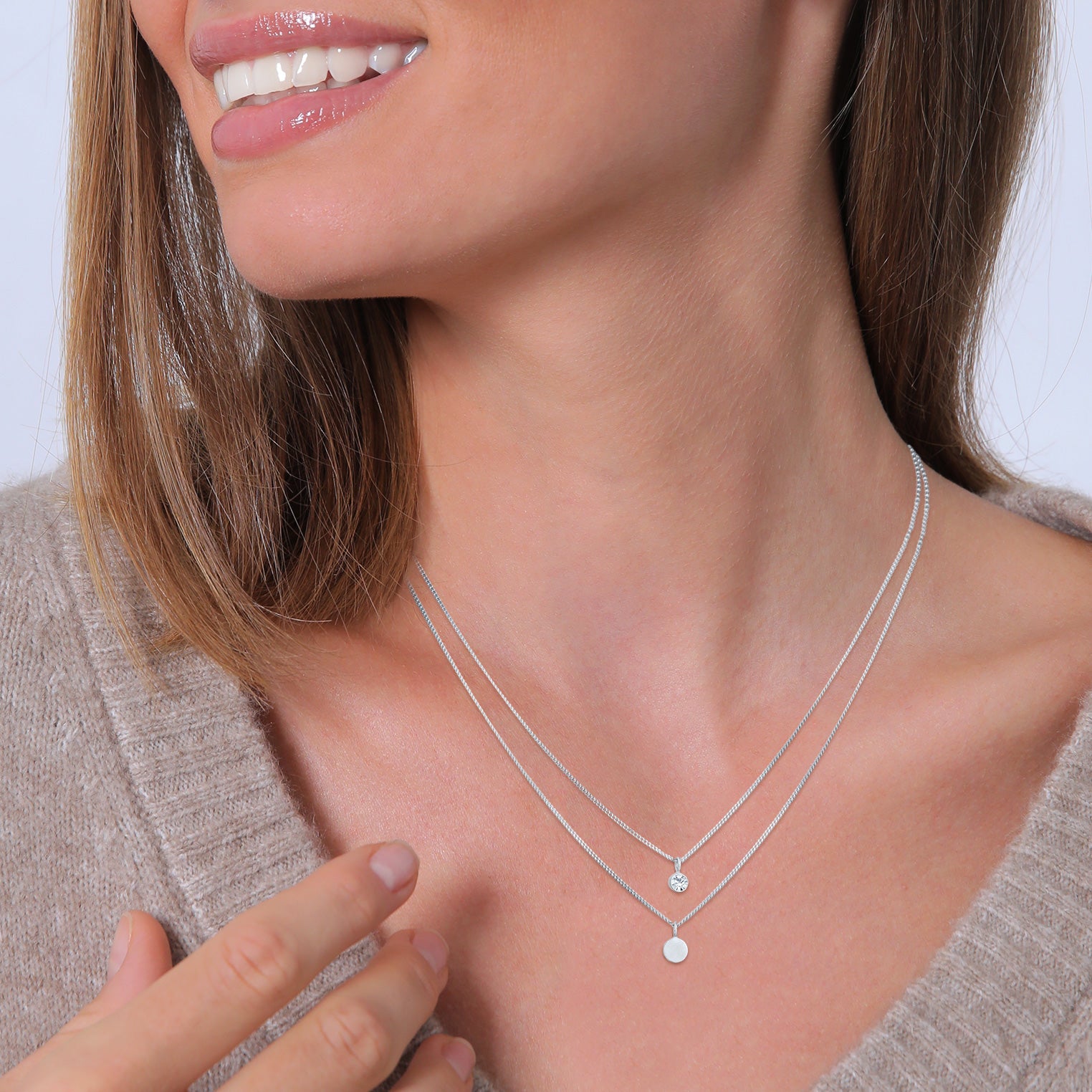 Silber - Elli | Layer-Halskette Plättchen | Glaskristall (Weiß) | 925er Sterling Silber