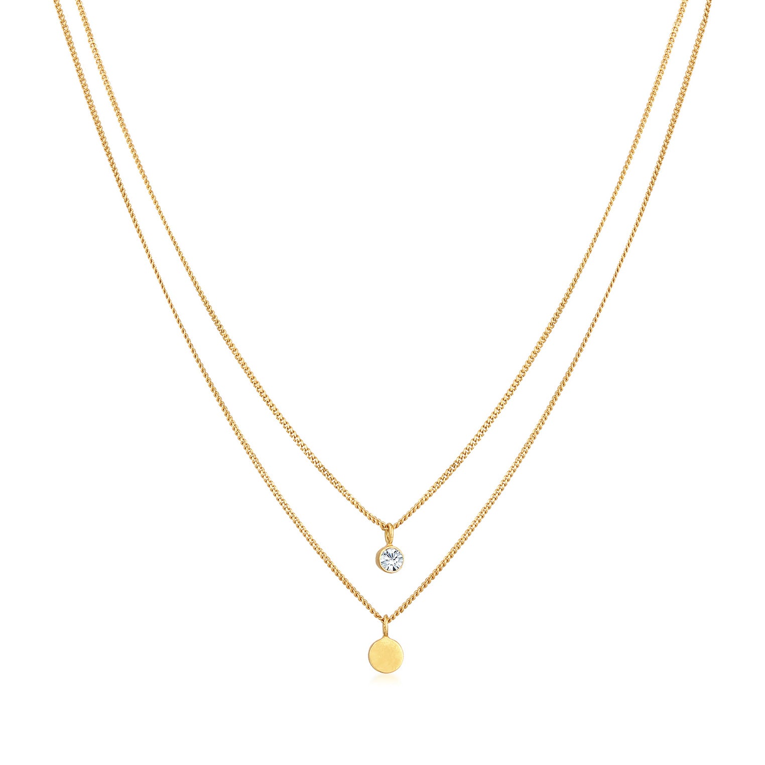 Gold - Elli | Layer-Halskette Plättchen | Glaskristall (Weiß) | 925er Sterling Silber Vergoldet