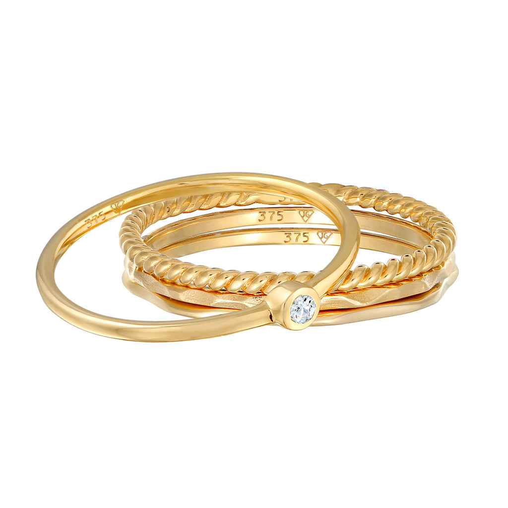 Gold - Elli PREMIUM | Topas Solitär Stapelring Gedreht 4er Set 375 Gelbgold