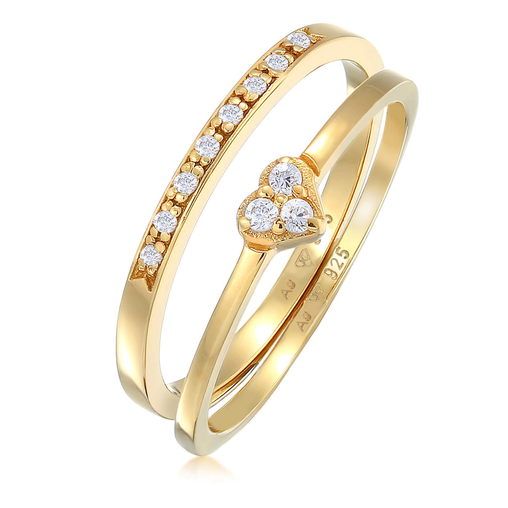 Gold - Elli | Ring-Set Memoire Herz | Zirkonia (Weiß) | 925er Sterling Silber vergoldet