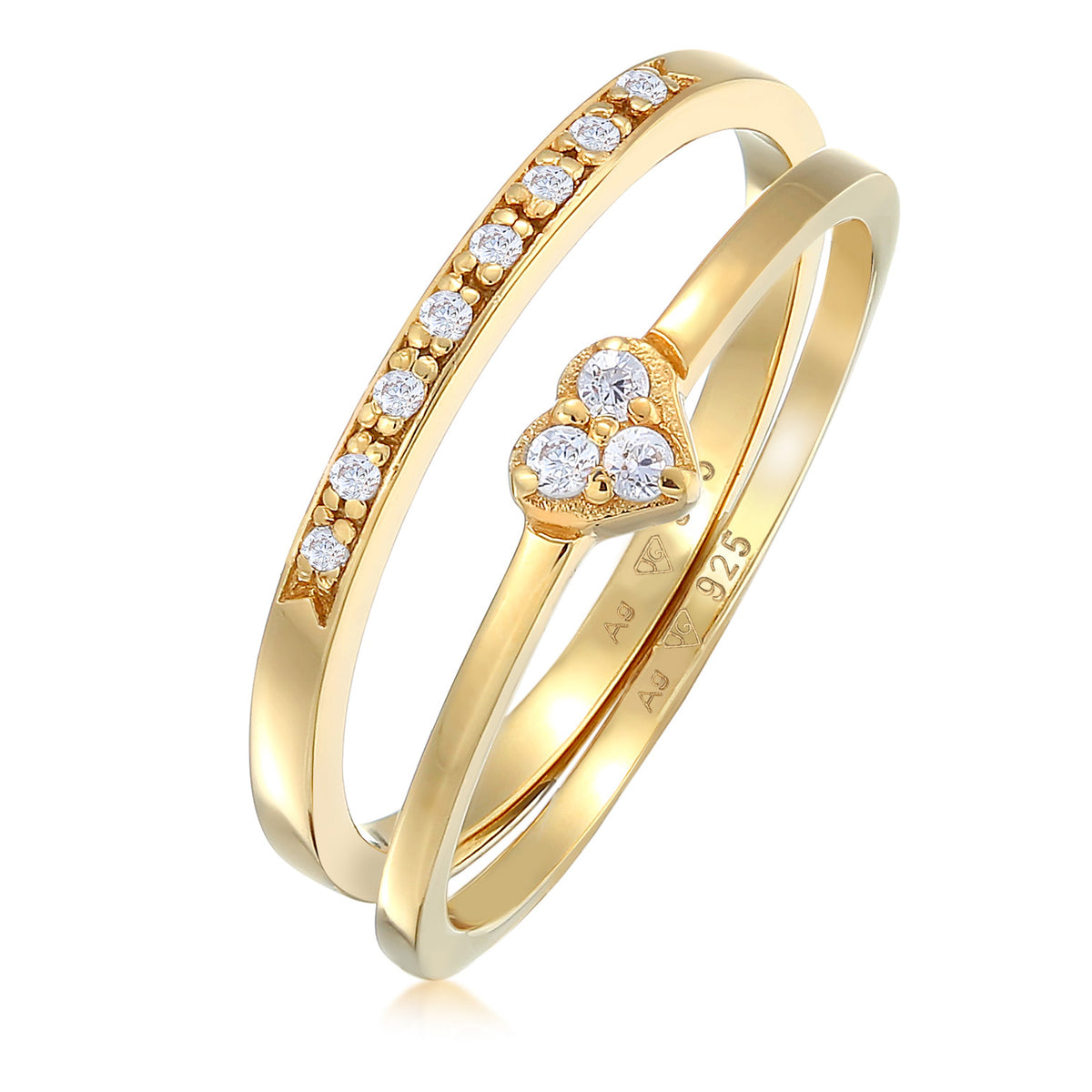 Gold - Elli | Ring-Set Memoire Herz | Zirkonia (Weiß) | 925er Sterling Silber vergoldet