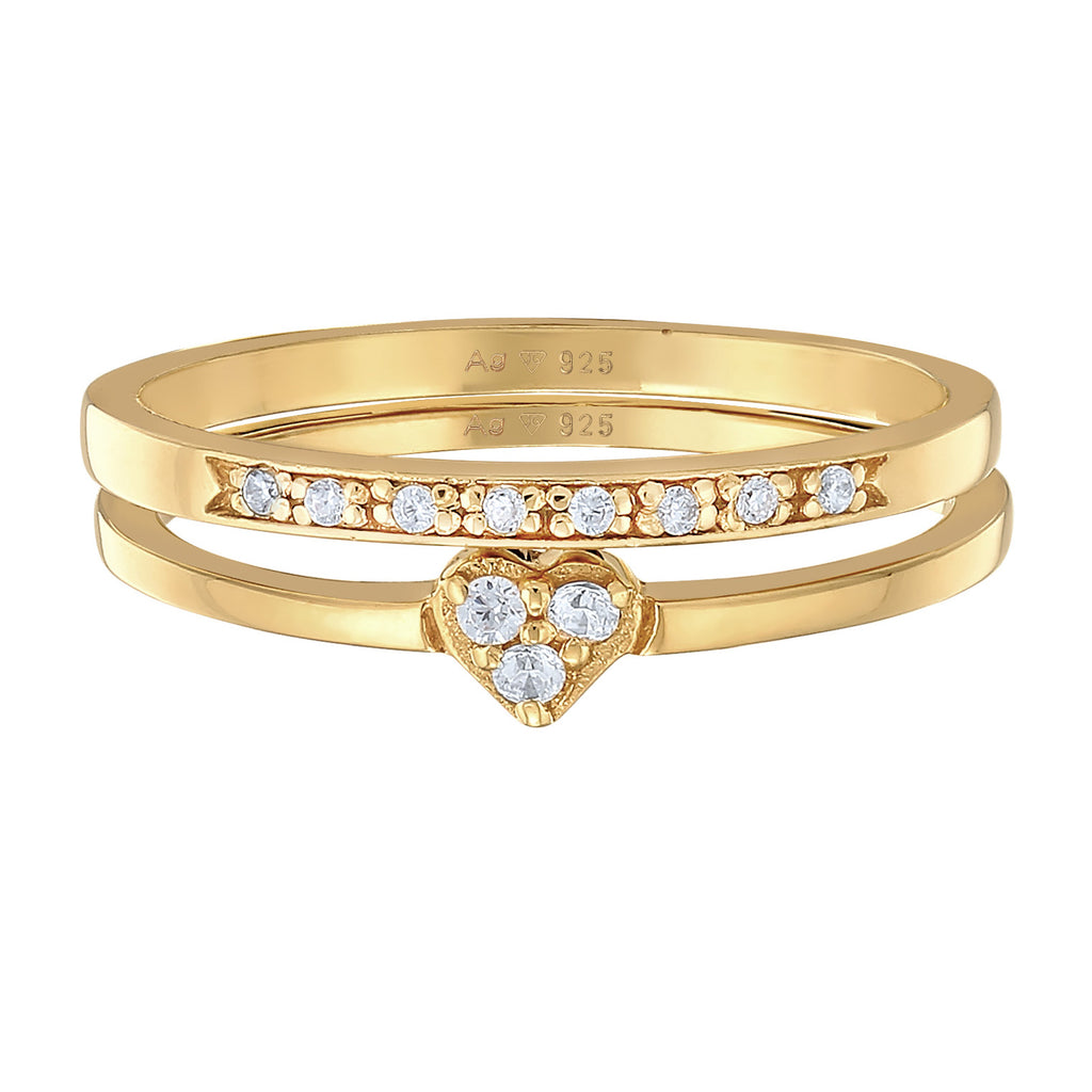 Gold - Elli | Ring-Set Memoire Herz | Zirkonia (Weiß) | 925er Sterling Silber vergoldet