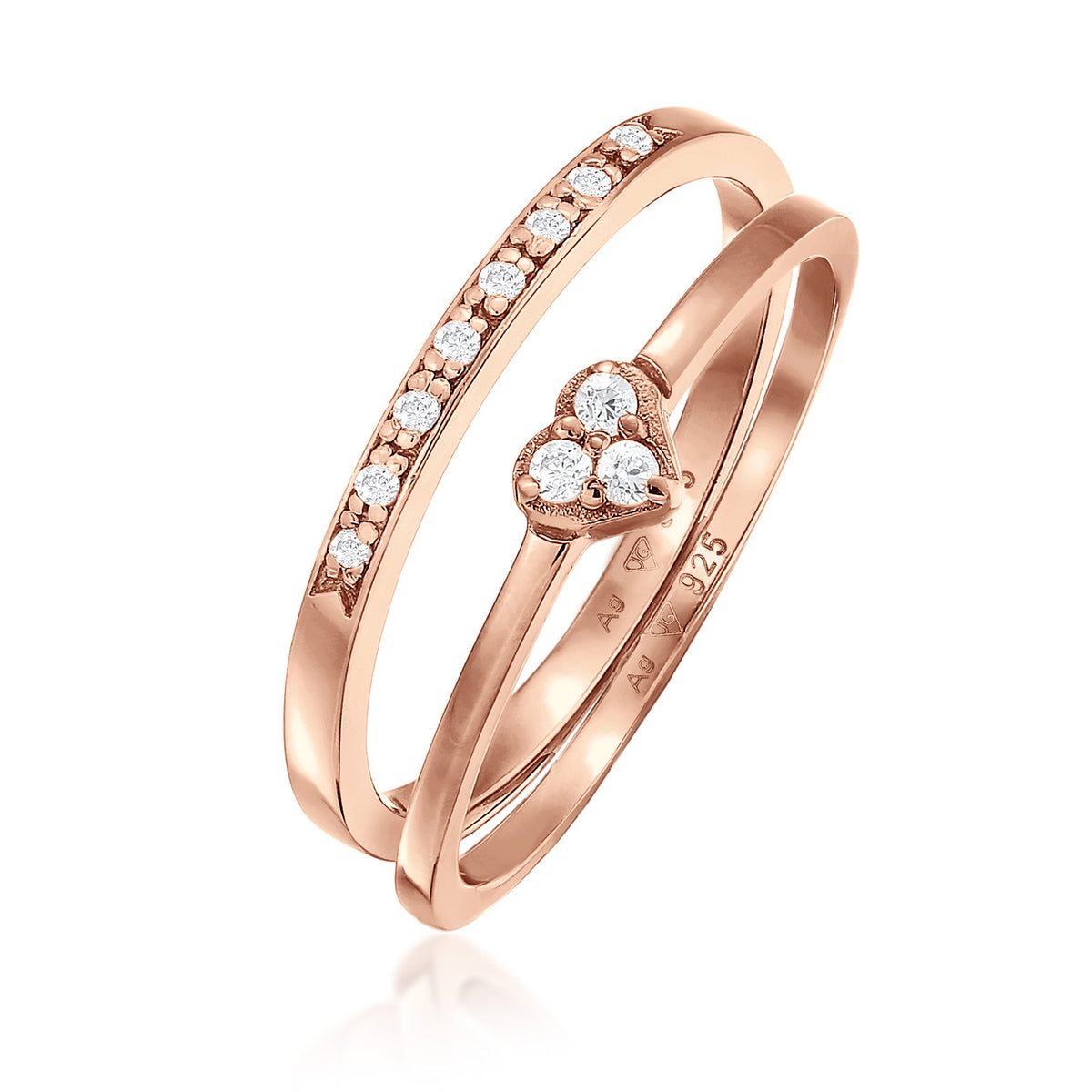 Roségold - Elli | Ring-Set Memoire Herz | Zirkonia (Weiß) | 925er Sterling Silber