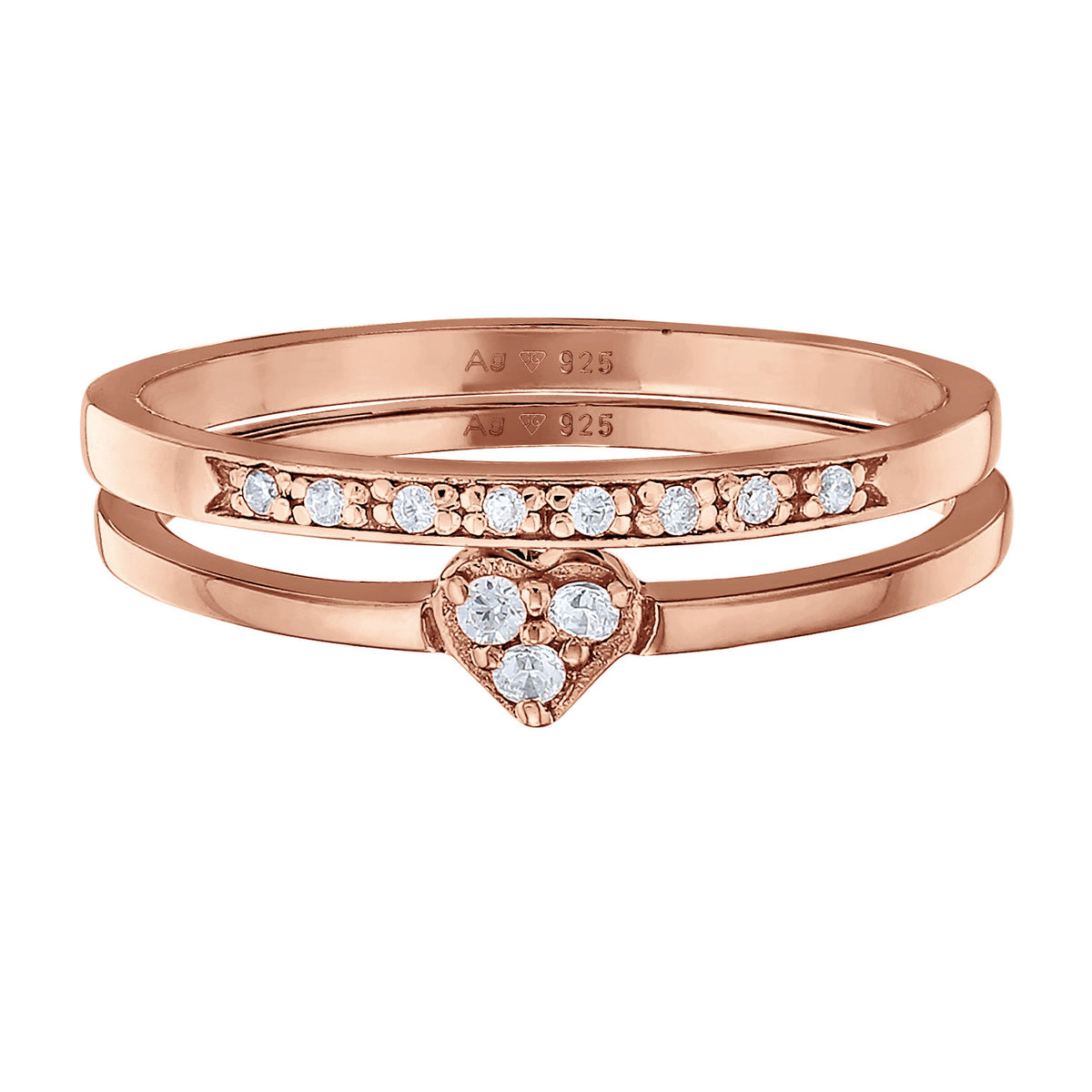 Roségold - Elli | Ring-Set Memoire Herz | Zirkonia (Weiß) | 925er Sterling Silber