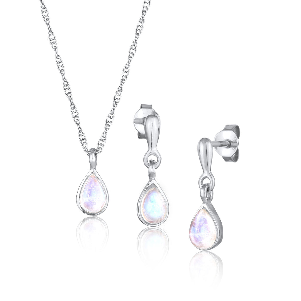 Silber - Elli PREMIUM | Schmuckset Tropfen | Mondstein (Weiß) | 925er Sterling Silber
