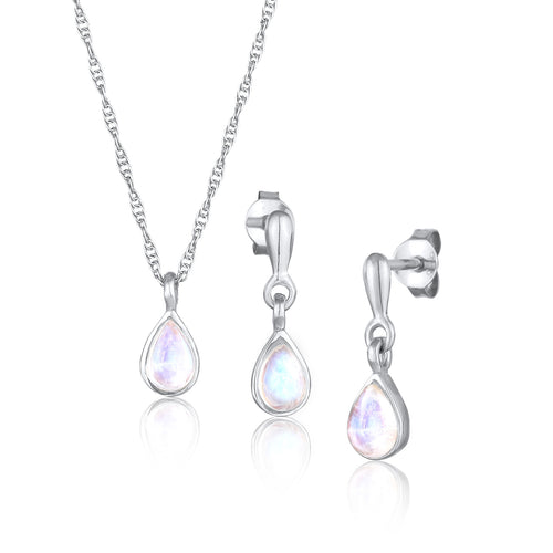 Silber - Elli PREMIUM | Schmuckset Tropfen | Mondstein (Weiß) | 925er Sterling Silber