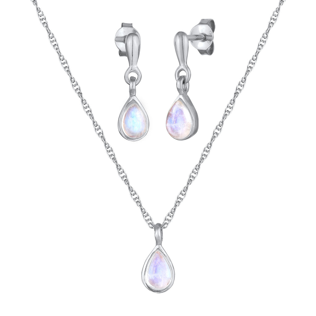 Silber - Elli PREMIUM | Schmuckset Tropfen | Mondstein (Weiß) | 925er Sterling Silber