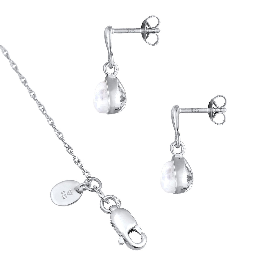 Silber - Elli PREMIUM | Schmuckset Tropfen | Mondstein (Weiß) | 925er Sterling Silber