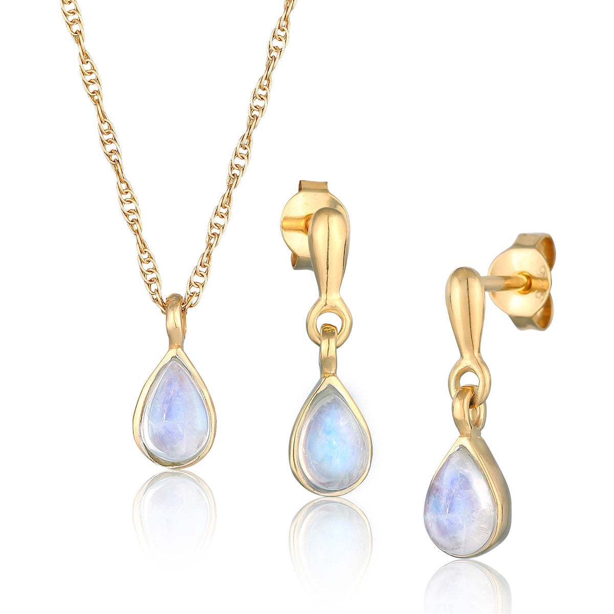 Gold - Elli PREMIUM | Schmuckset Tropfen | Mondstein (Weiß) | 925er Sterling Silber vergoldet