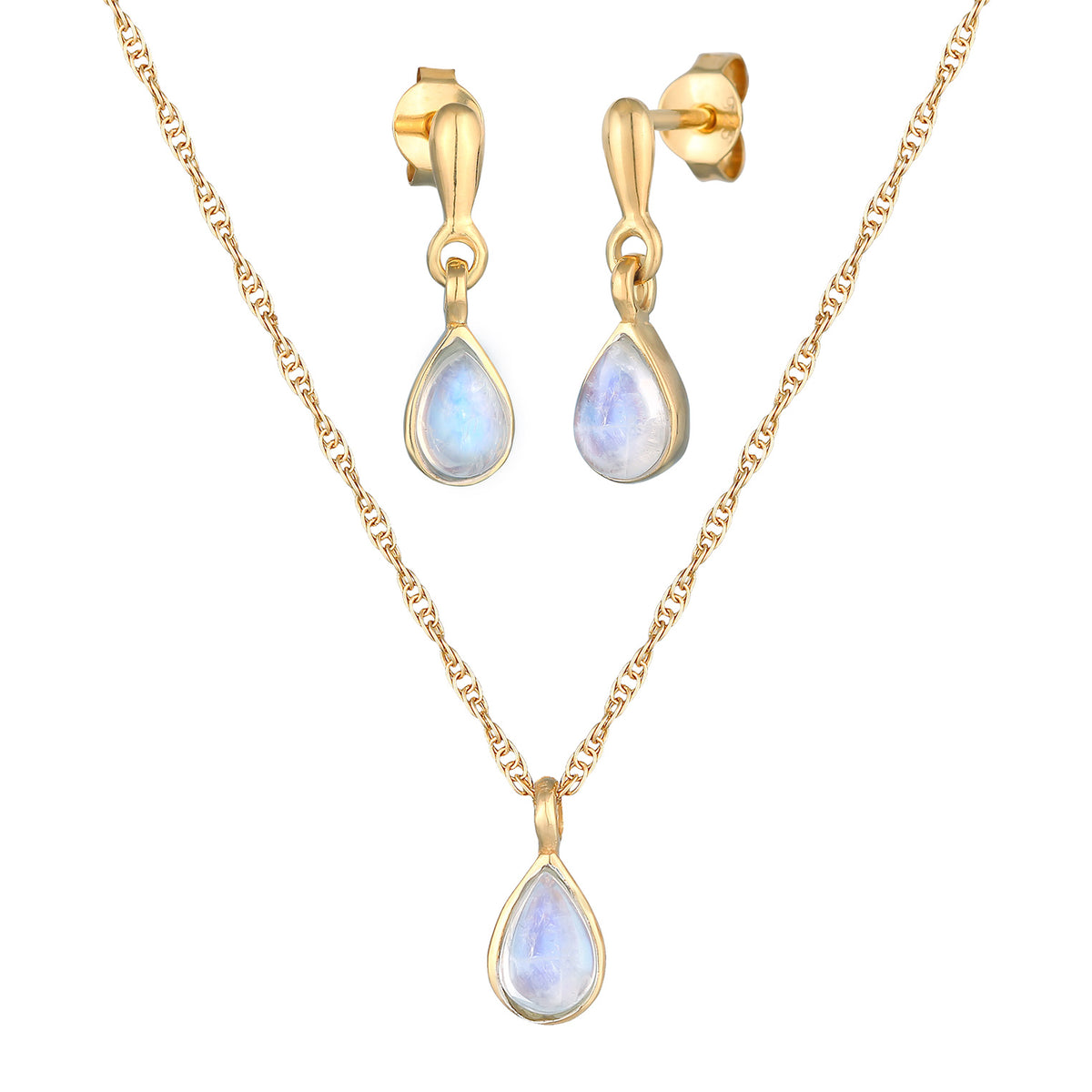 Gold - Elli PREMIUM | Schmuckset Tropfen | Mondstein (Weiß) | 925er Sterling Silber vergoldet