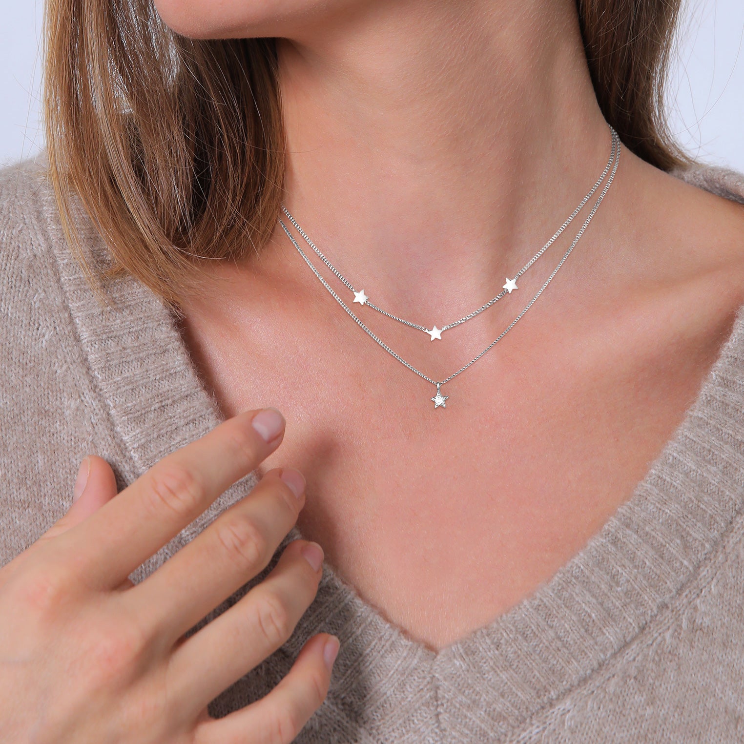Silber - Elli | Layer-Halskette Stern | Mit Kristallen von Swarovski® (Weiß) | 925er Sterling Silber