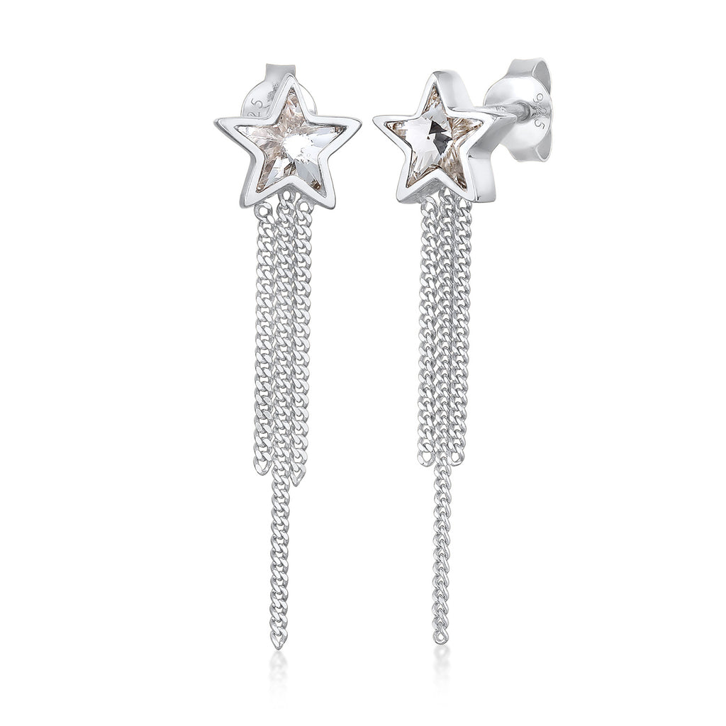 Silber - Elli | Ohrstecker Kette Stern | Mit Kristallen von Swarovski® (Weiß) | 925er Sterling Silber