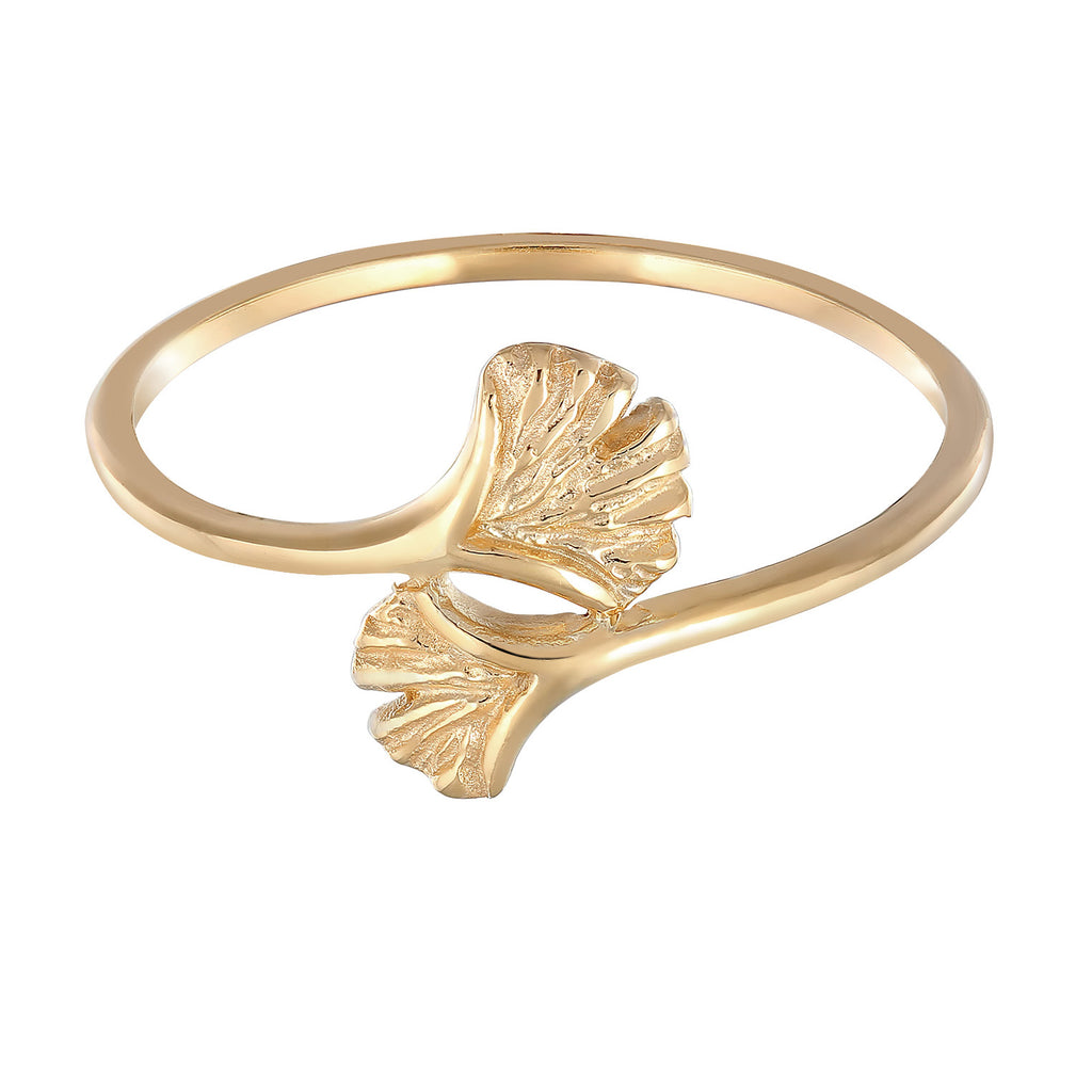Gold - Elli PREMIUM | Ring Ginkgo Blatt Offen | 375er Gelbgold