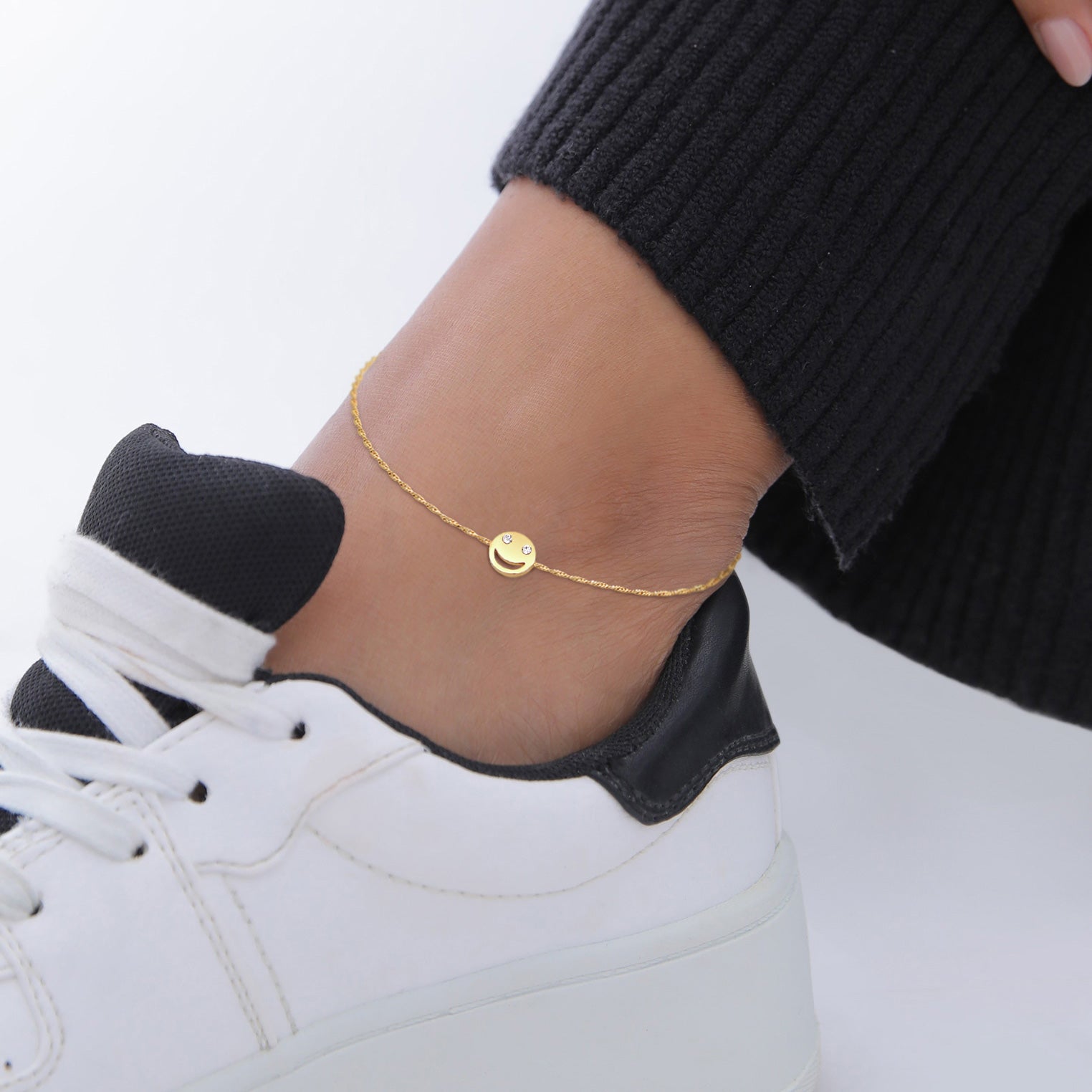 Gold - Elli | Fußkettchen mit Smiling Face | Mit Kristallen von Swarovski® (Weiß) | 925er Sterling Silber
