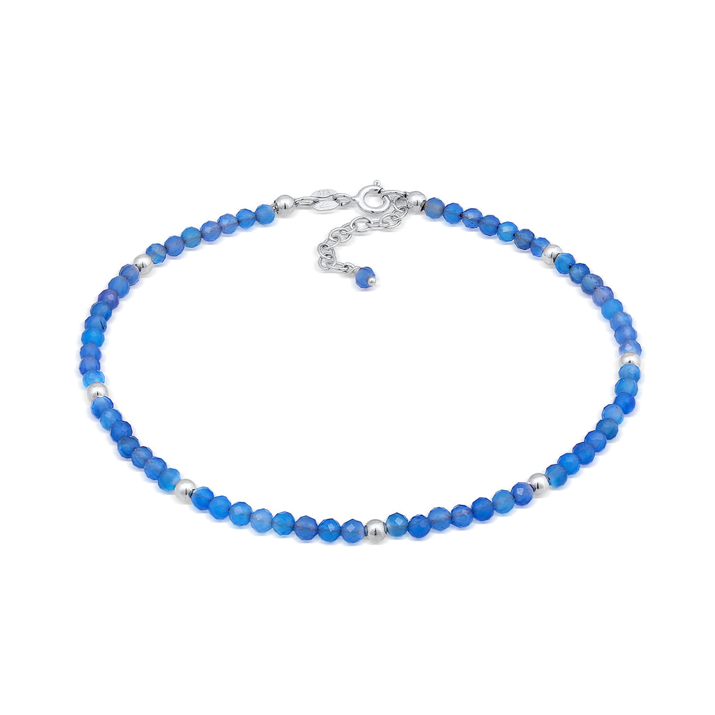 Silber - Elli | Fußkettchen Kugeln | Achat (Blau) | 925er Sterling Silber